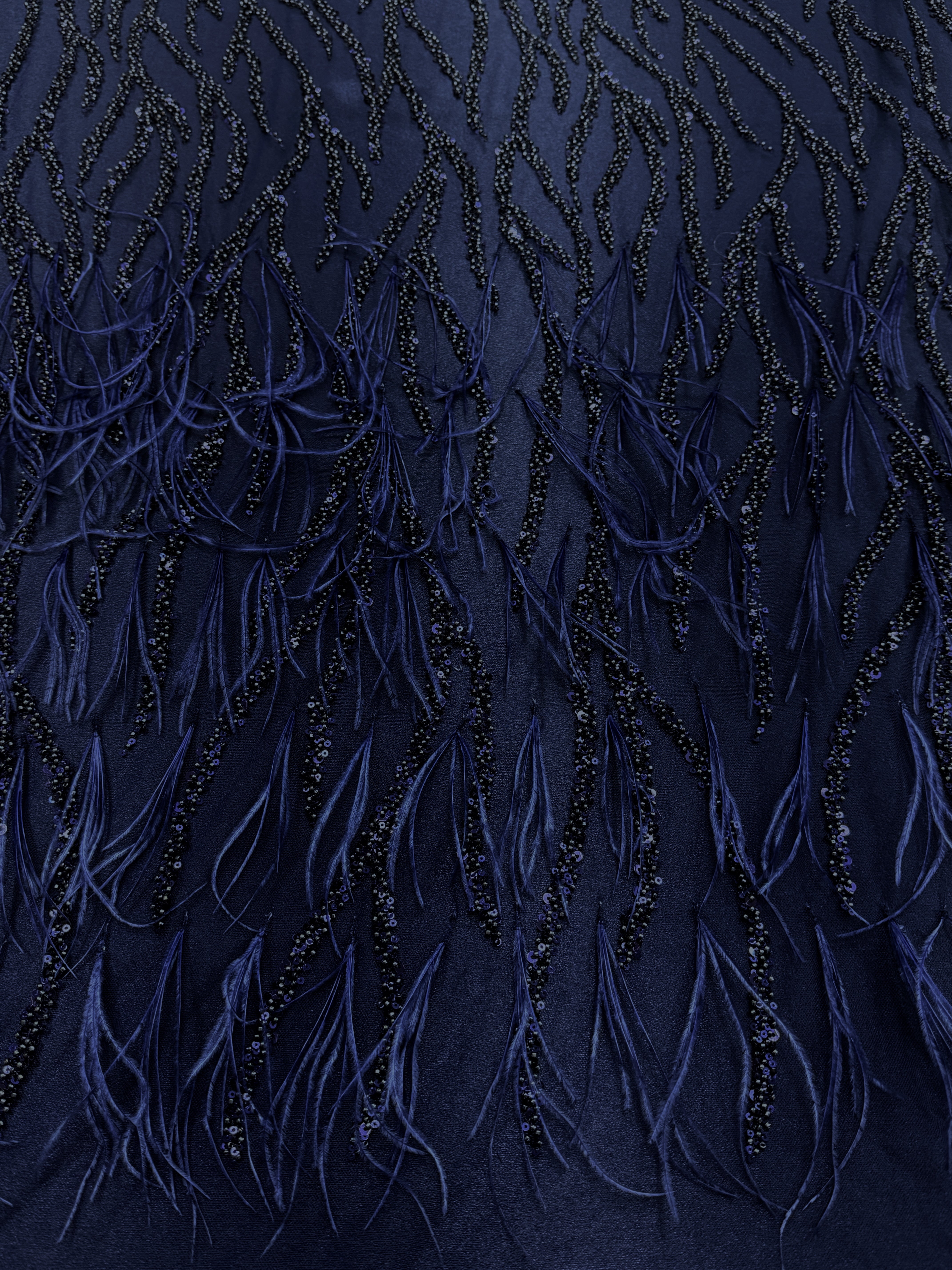 Navy Blue Couture Lace with Ostrich Feathers, Strings, Beads and Sequins
