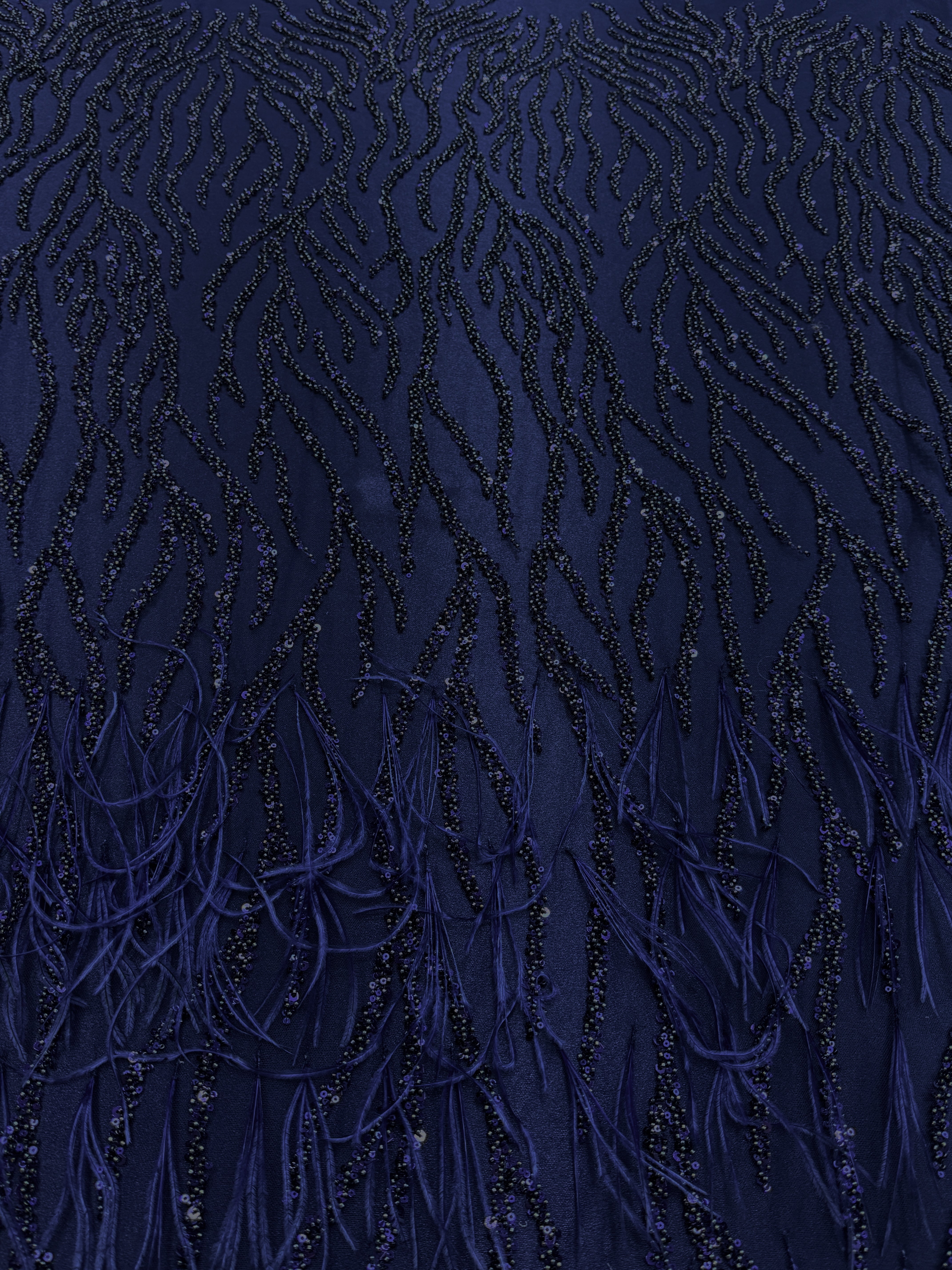 Navy Blue Couture Lace with Ostrich Feathers, Strings, Beads and Sequins