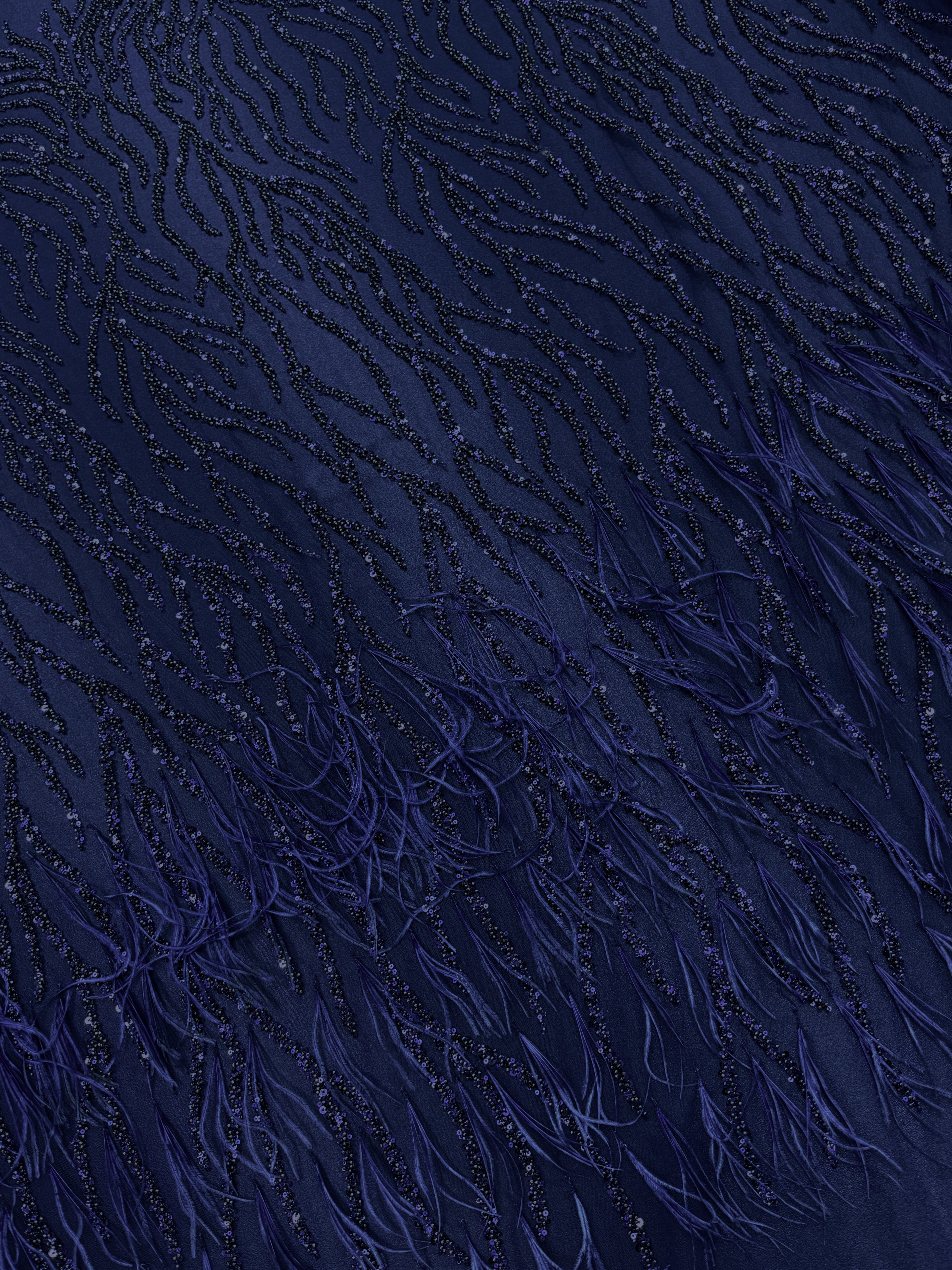 Navy Blue Couture Lace with Ostrich Feathers, Strings, Beads and Sequins
