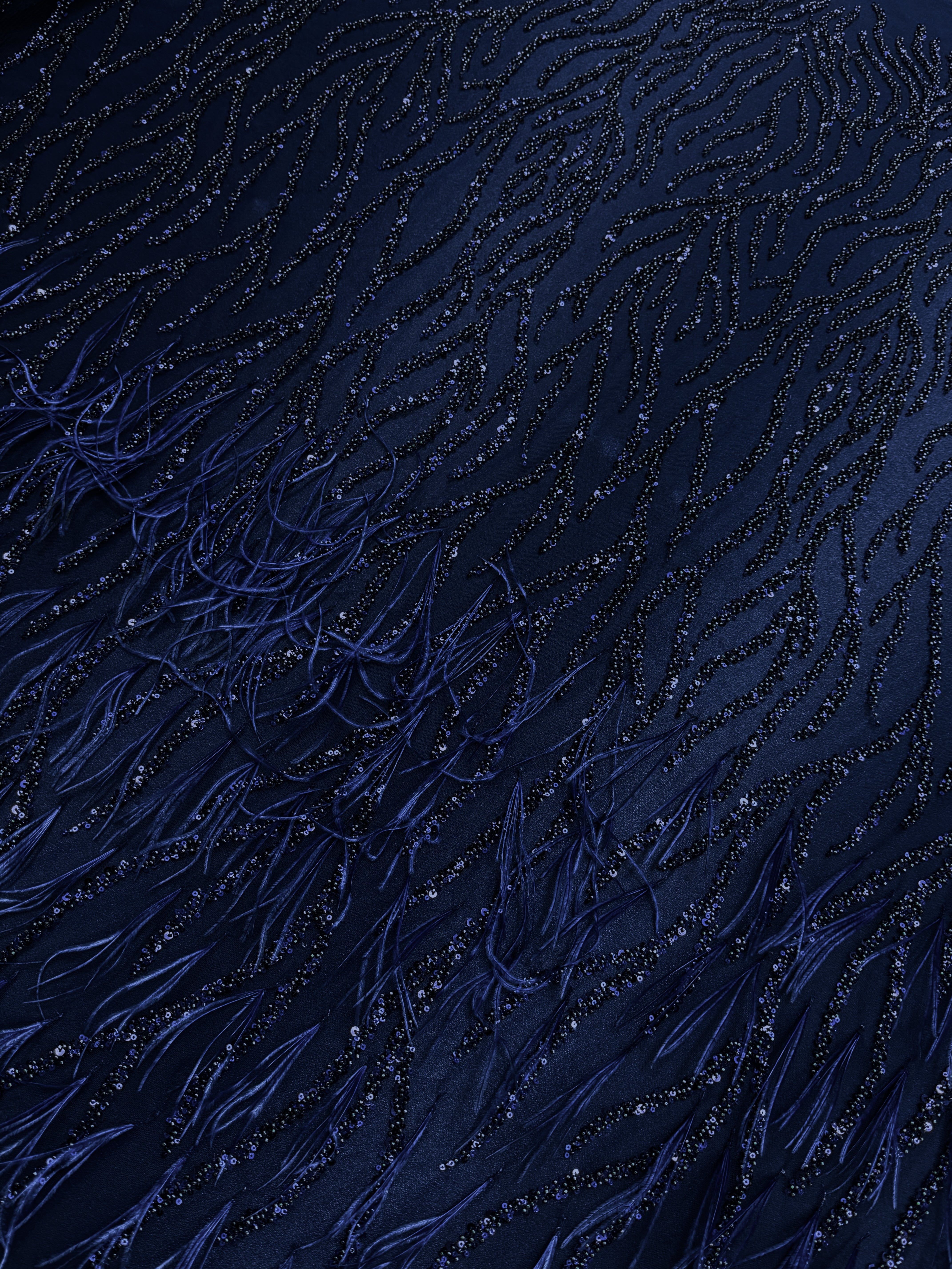Navy Blue Couture Lace with Ostrich Feathers, Strings, Beads and Sequins