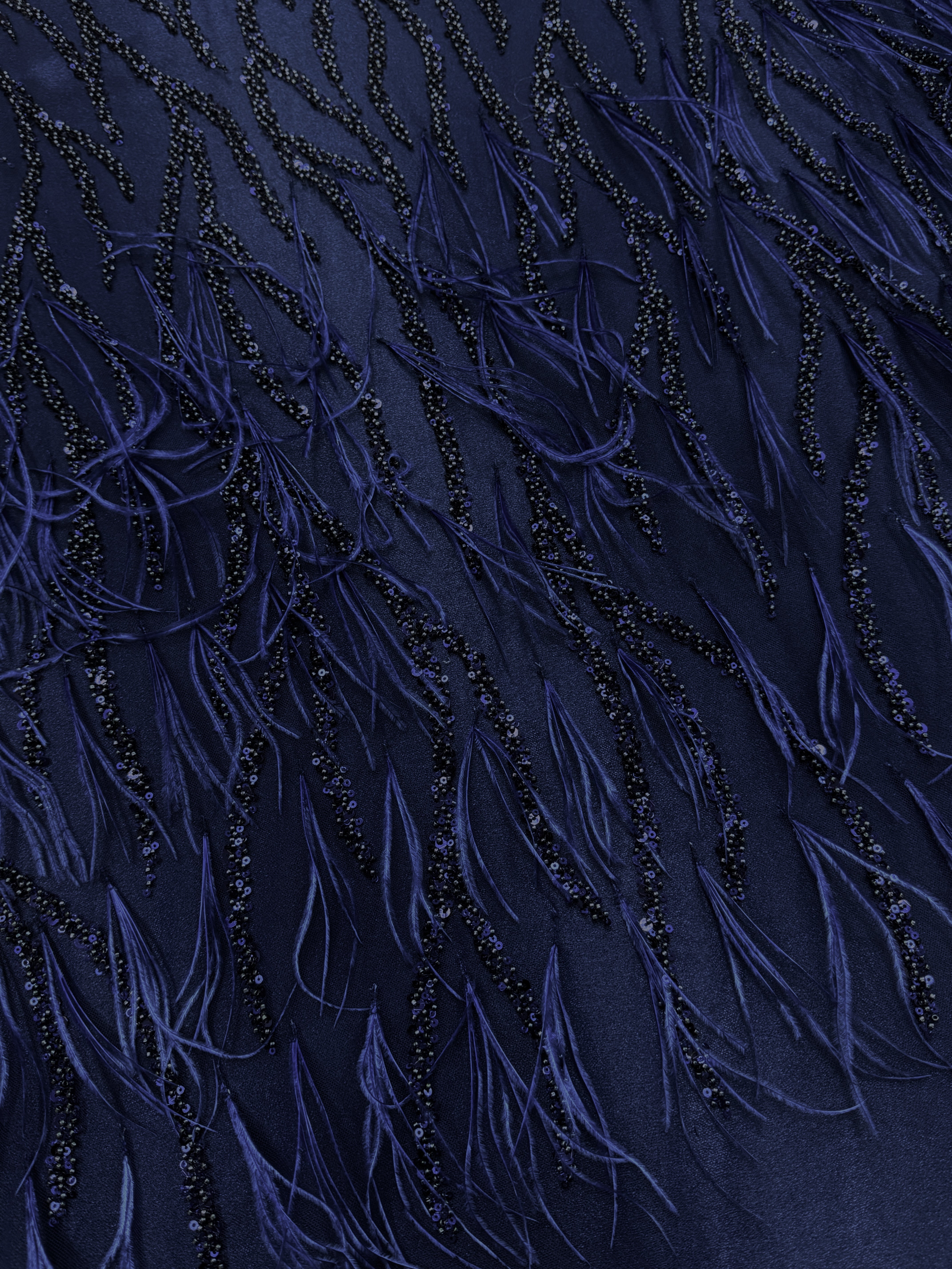 Navy Blue Couture Lace with Ostrich Feathers, Strings, Beads and Sequins