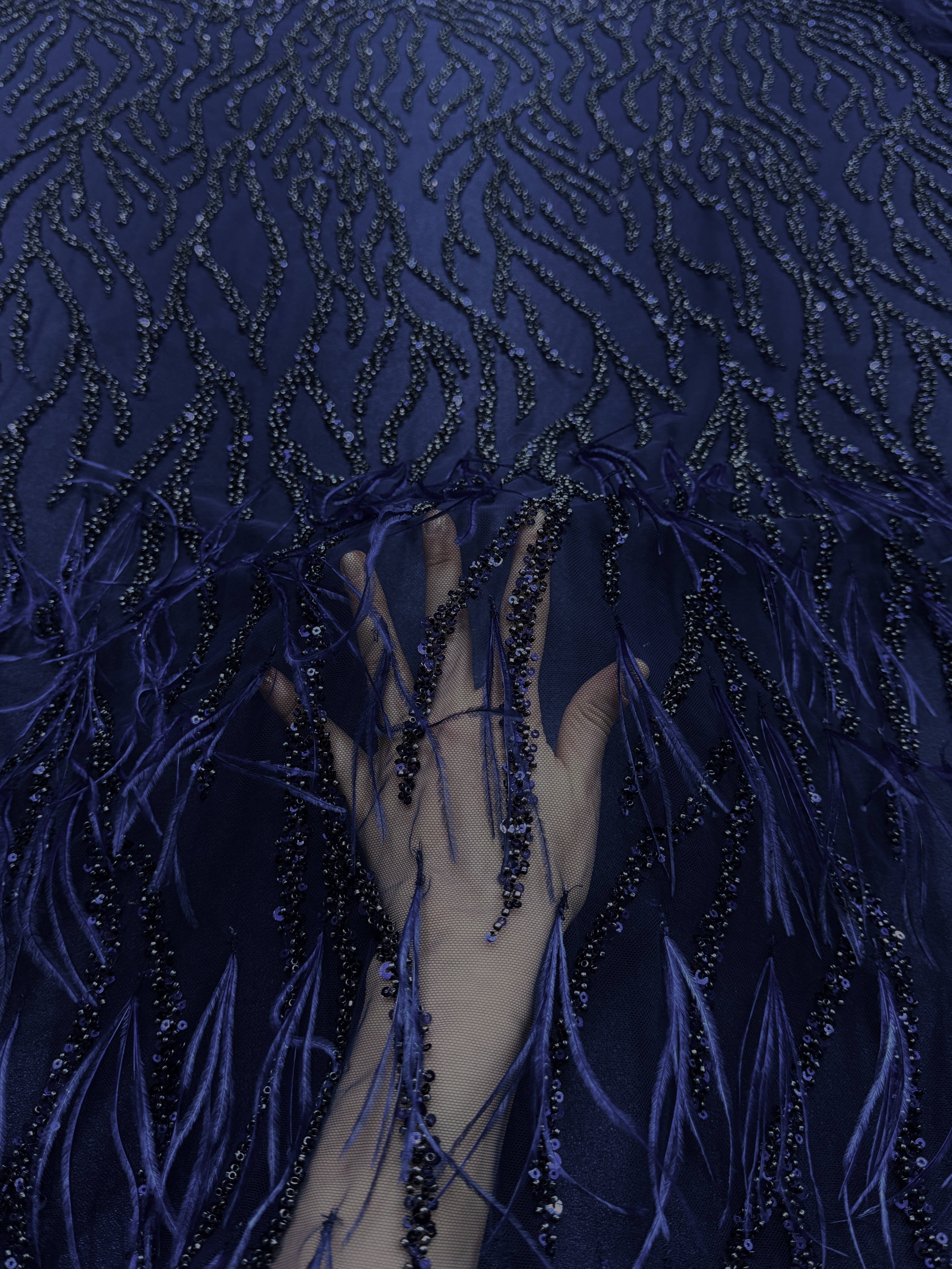 Navy Blue Couture Lace with Ostrich Feathers, Strings, Beads and Sequins