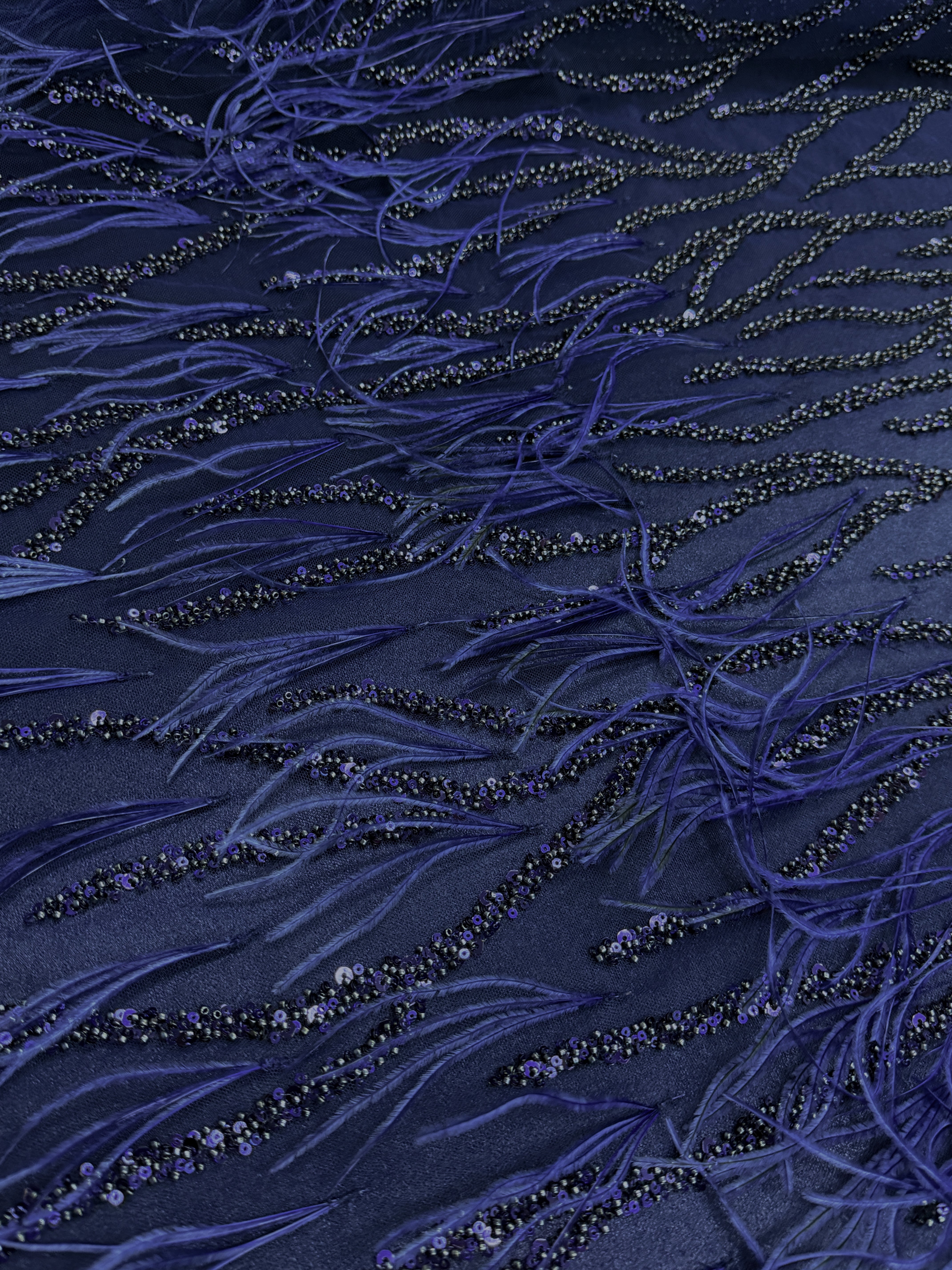 Navy Blue Couture Lace with Ostrich Feathers, Strings, Beads and Sequins