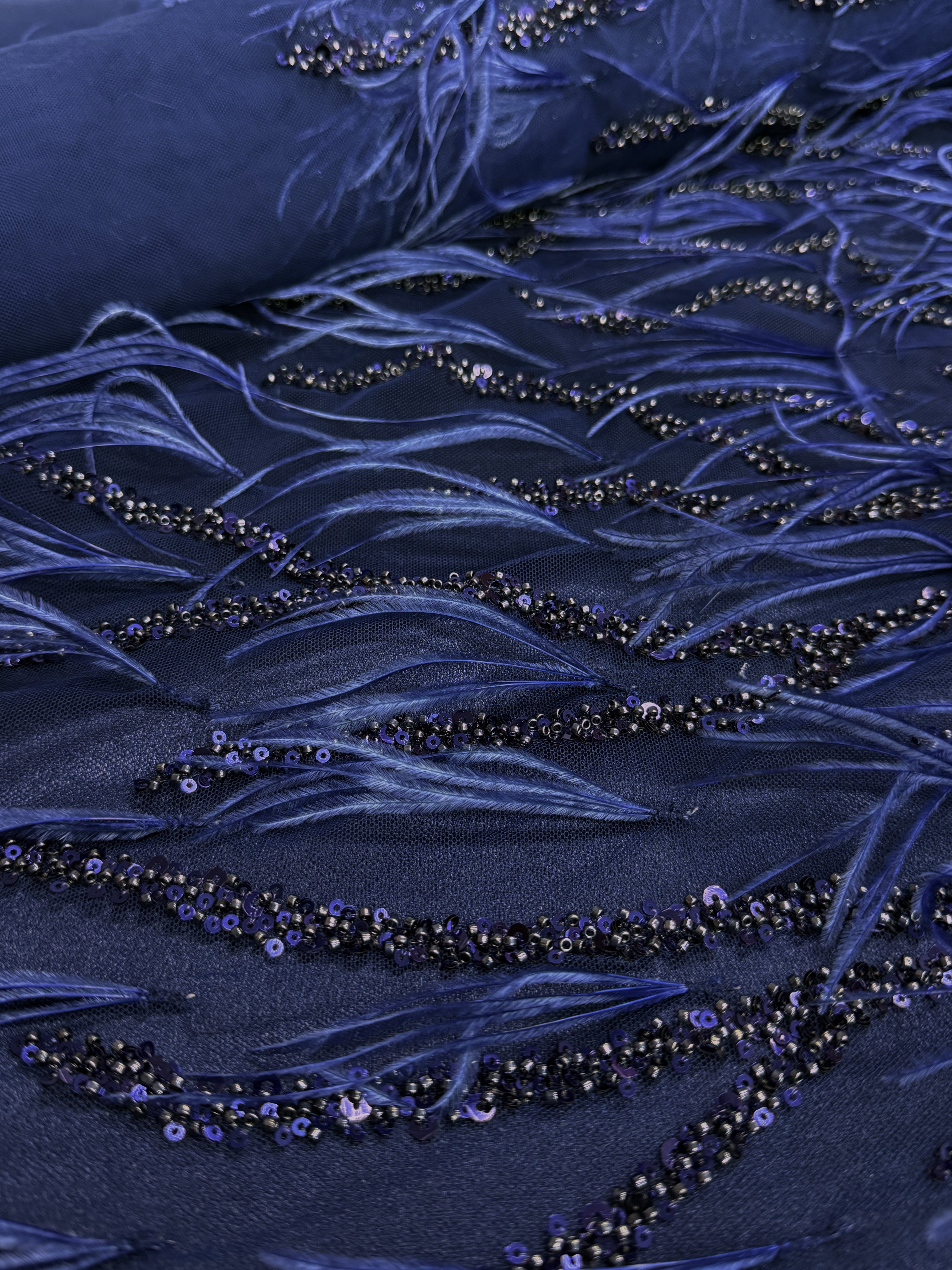 Navy Blue Couture Lace with Ostrich Feathers, Strings, Beads and Sequins