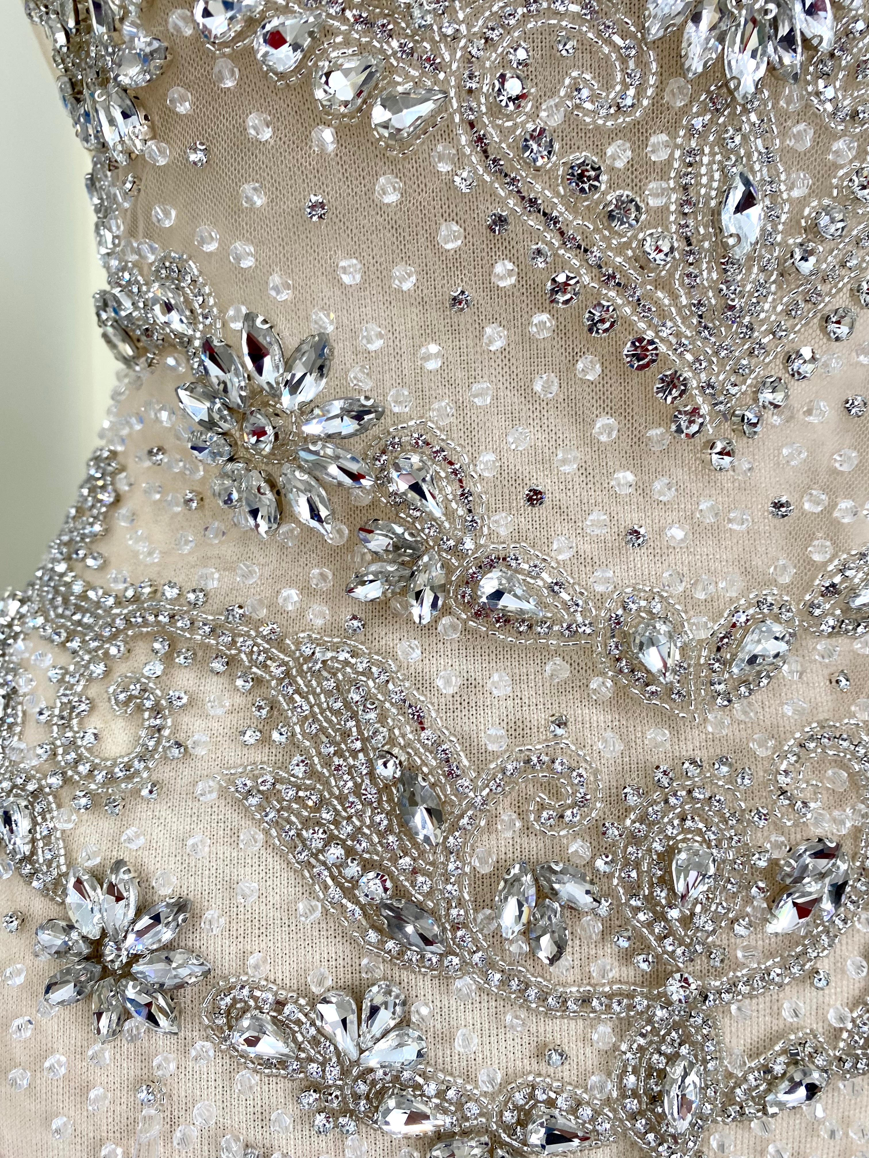 Set de Panouri (Fata si Spate) Haute Couture Argintii pe Tulle Nude, cu Franjuri, Cristale si Margele