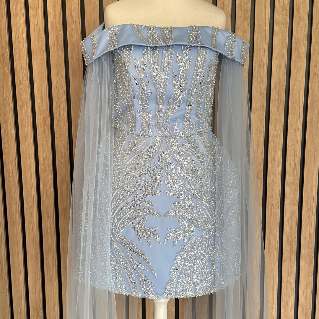 Silver Couture Lace on Blue Tulle with Pearls, Beads and Sequins 
