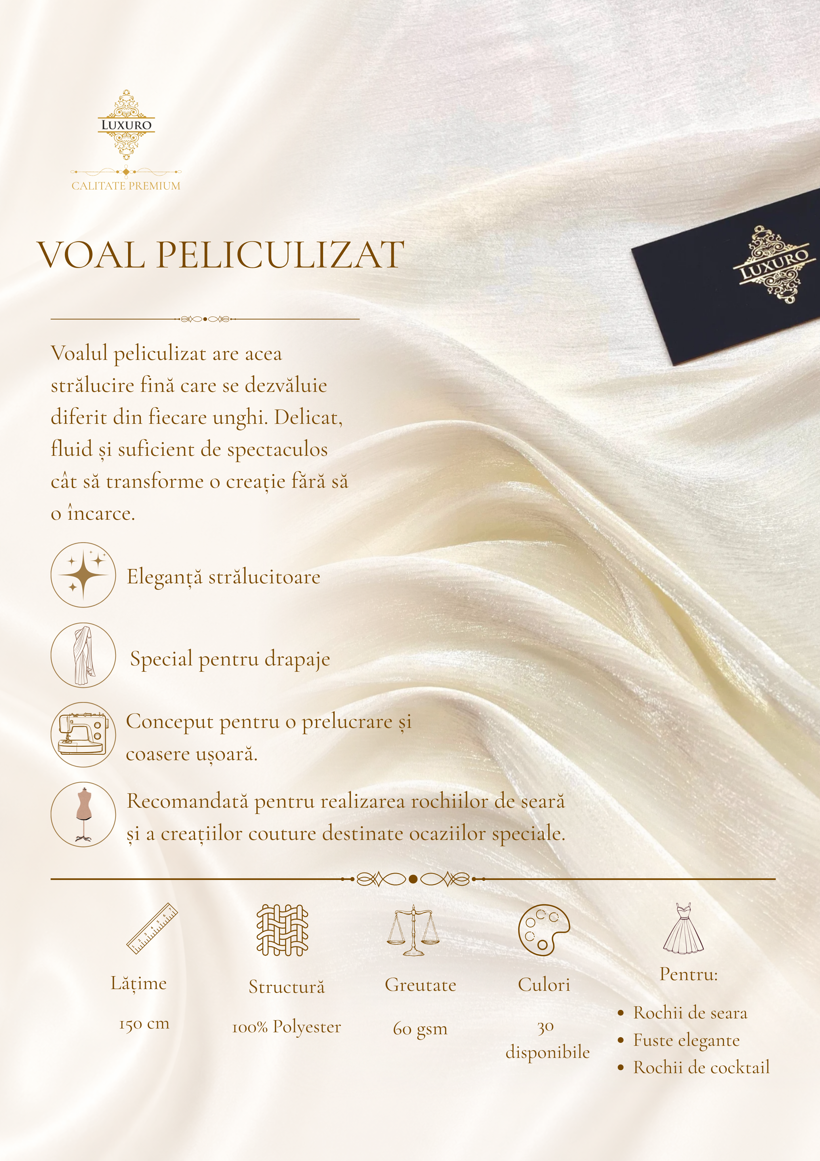 Fóliázott, kreppelt voál, világos krém