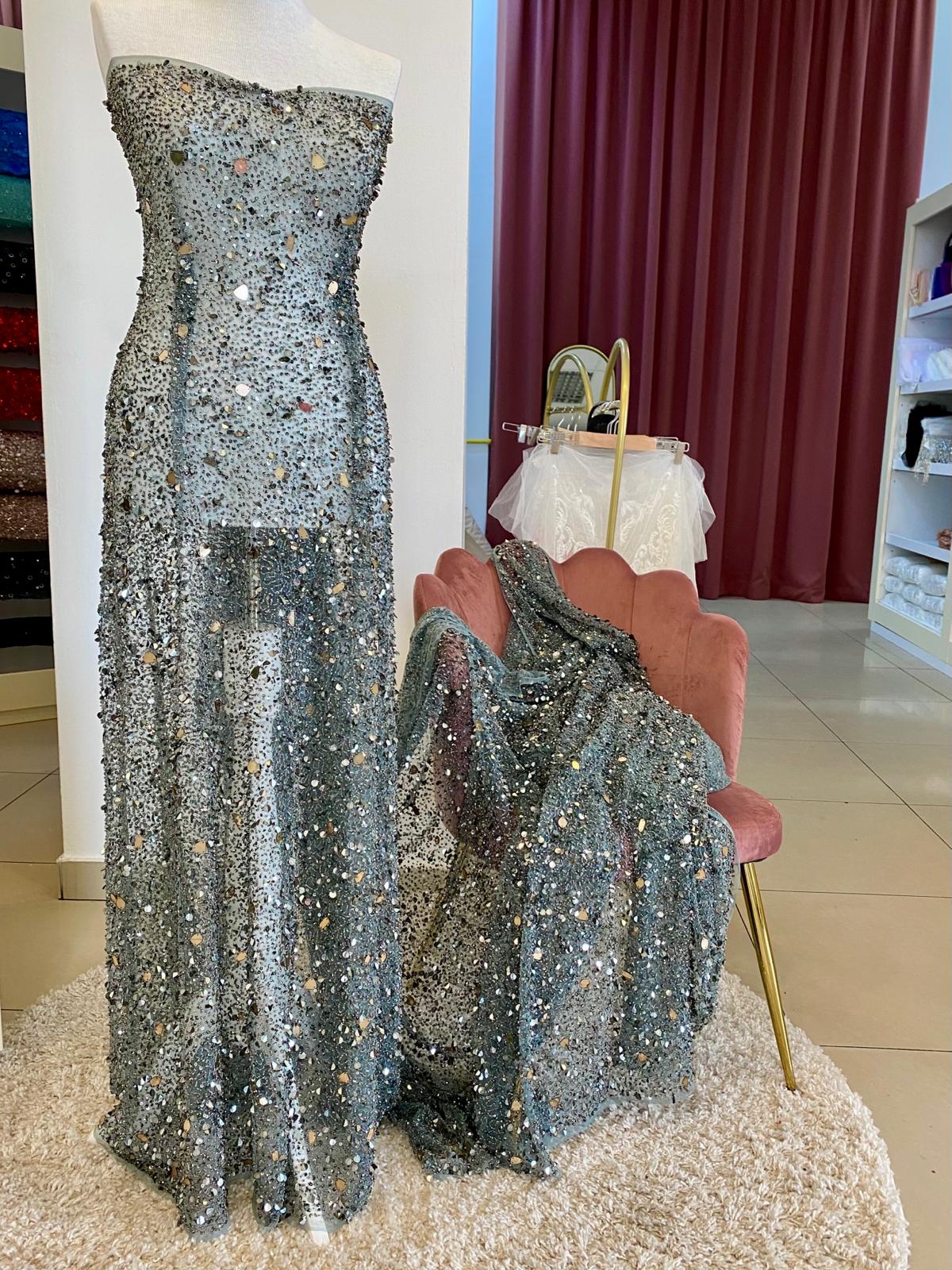 Anthracite Grey Lace Haute Couture, with Copper Mirrors 