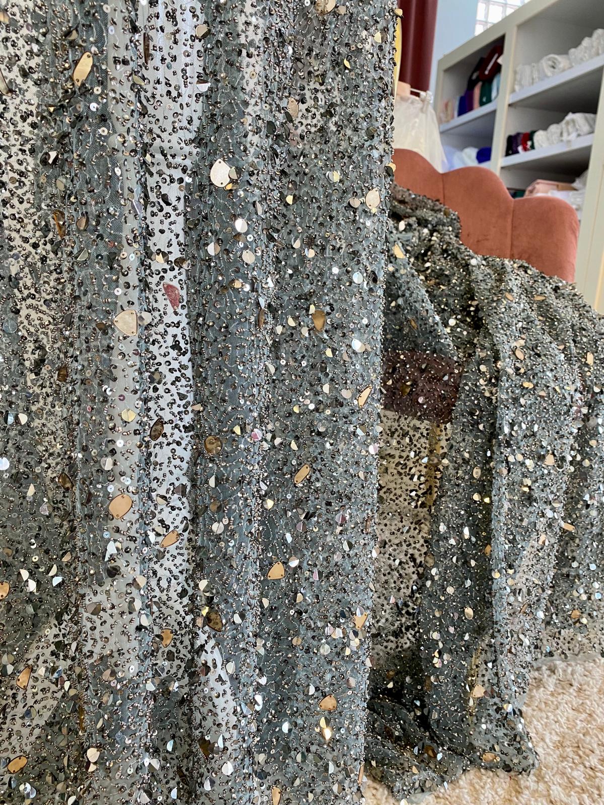 Anthracite Grey Lace Haute Couture, with Copper Mirrors 