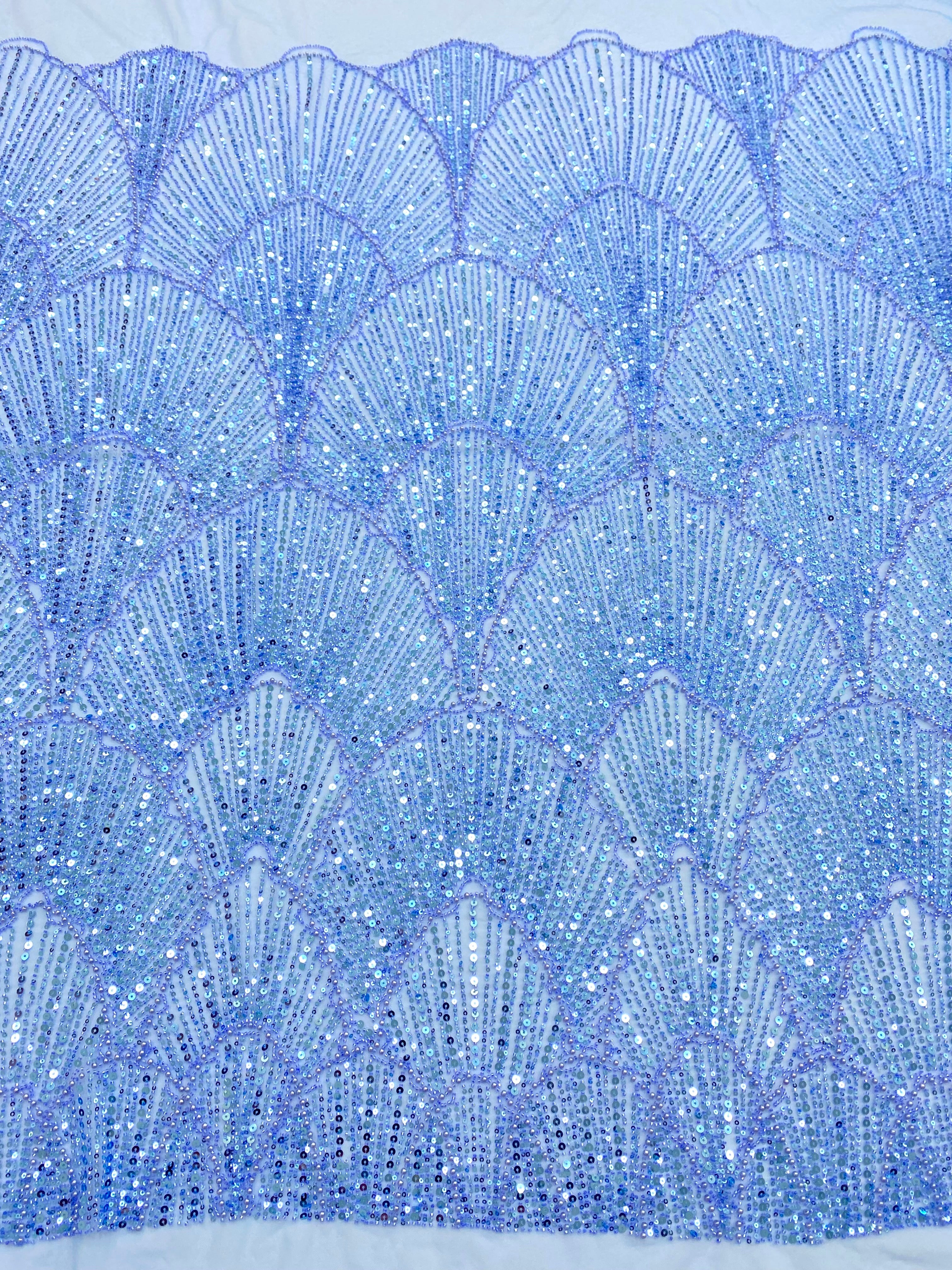 Dantela Couture Sky Blue cu Model Geometric, cu Perle, Margele si Paiete