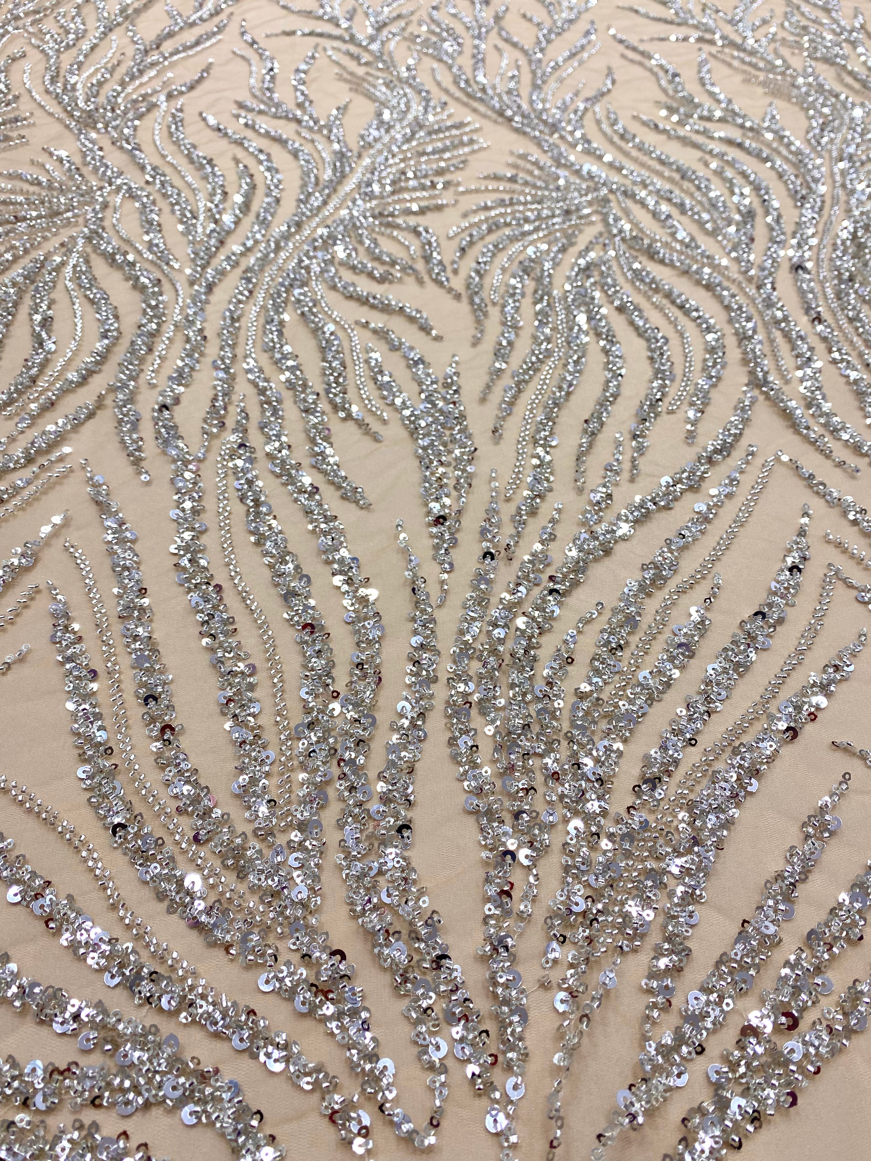 Silver Couture Lace on Nude Tulle with Strings, Beads and Sequins