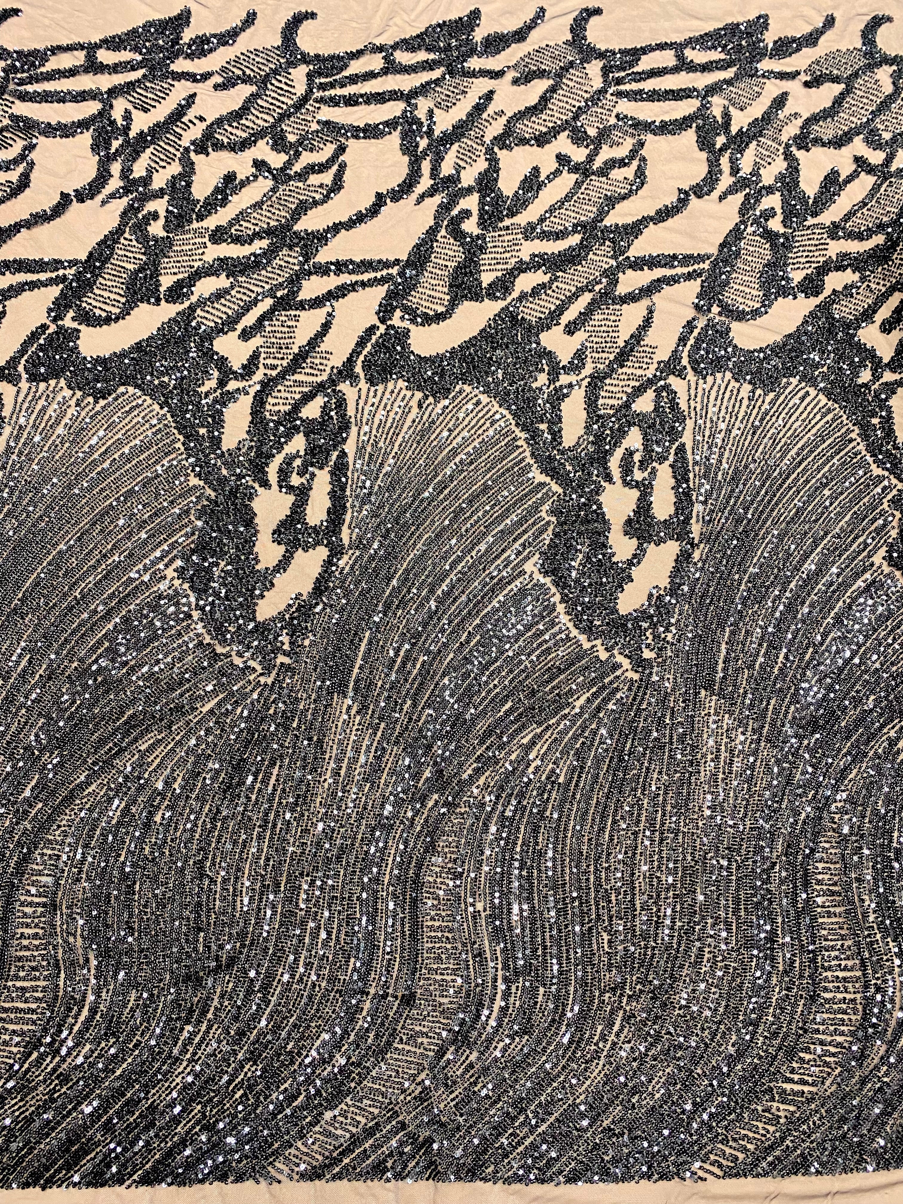 Black Couture Lace with Geometric Pattern, Beads and Sequins