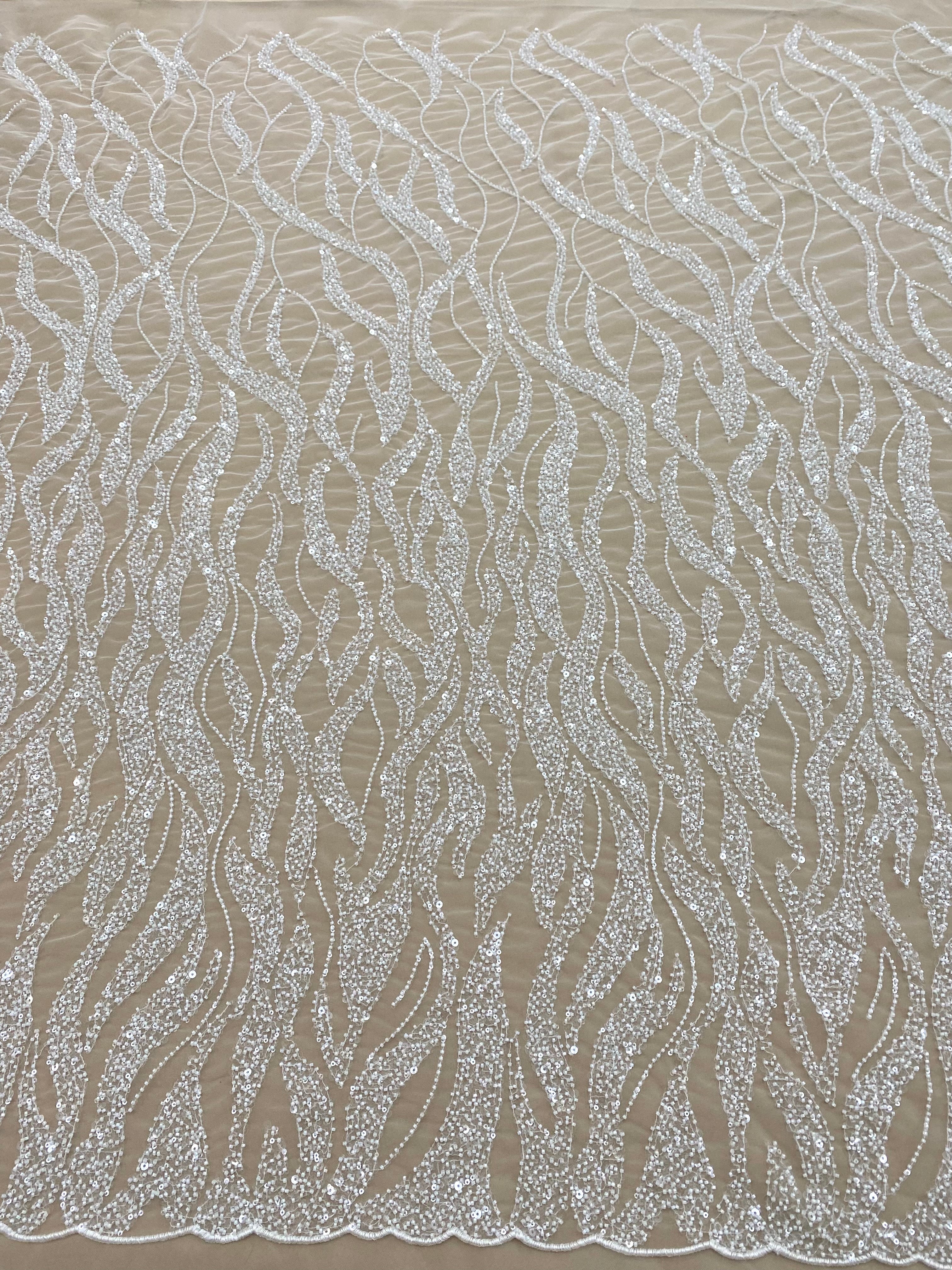 Silver Lace with Nude Tulle with Linear Pattern, Beads and Sequins
