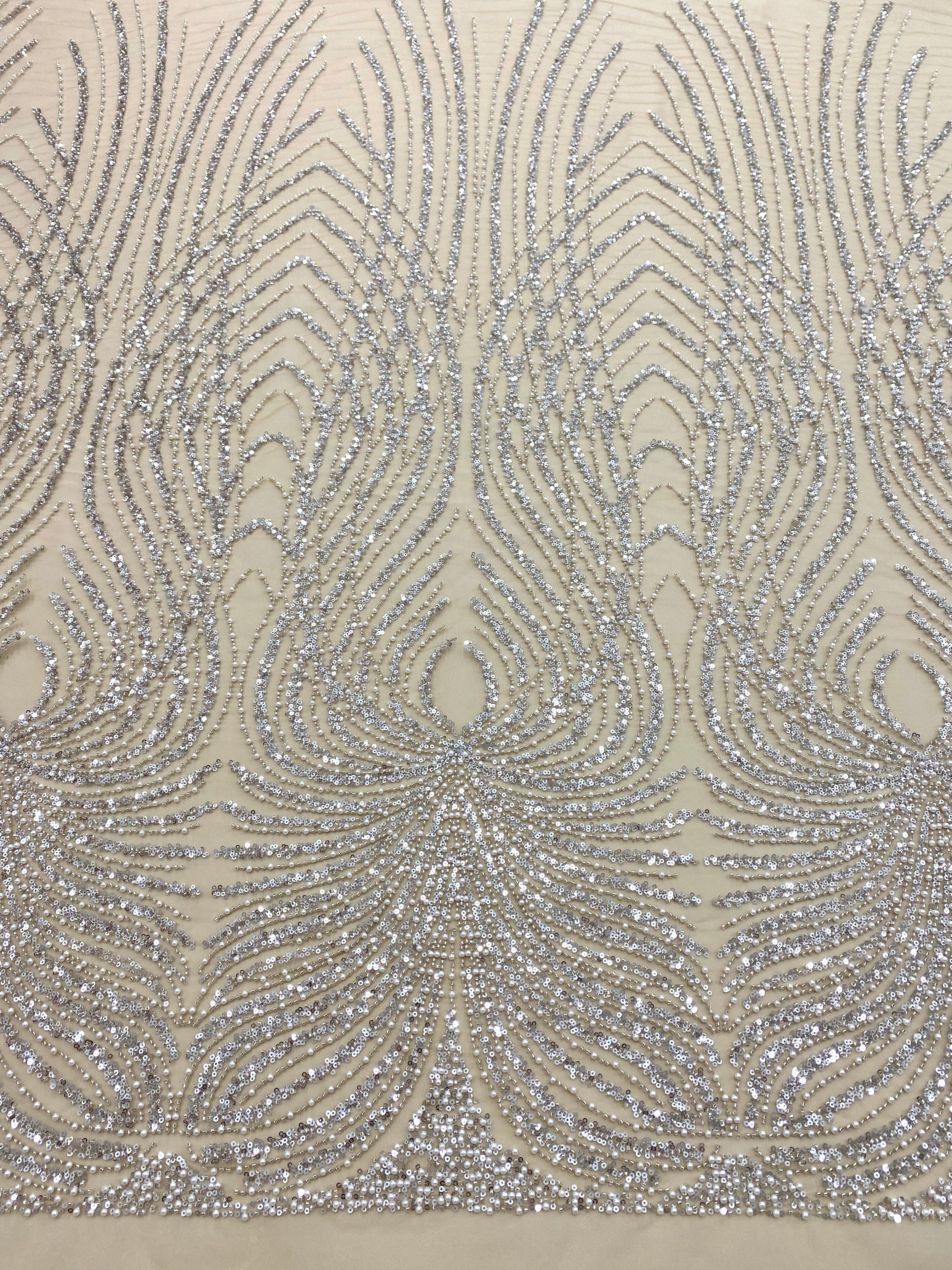 Silver Couture Lace on Nude Tulle with Panel, with Pearls, Beads and Sequins