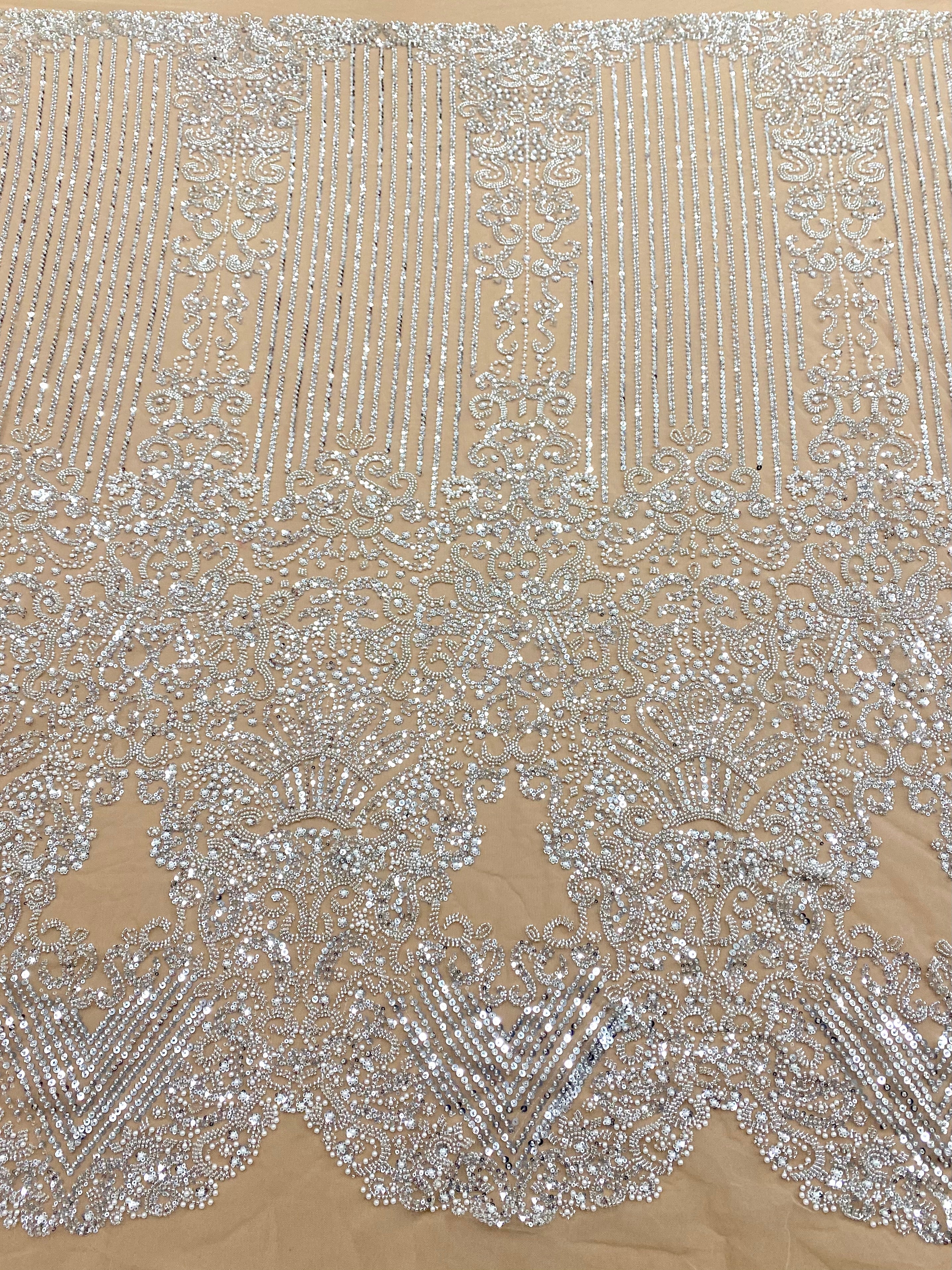 Silver Couture Lace on Nude Tulle with Geometric Pattern, with Pearls, Beads and Sequins