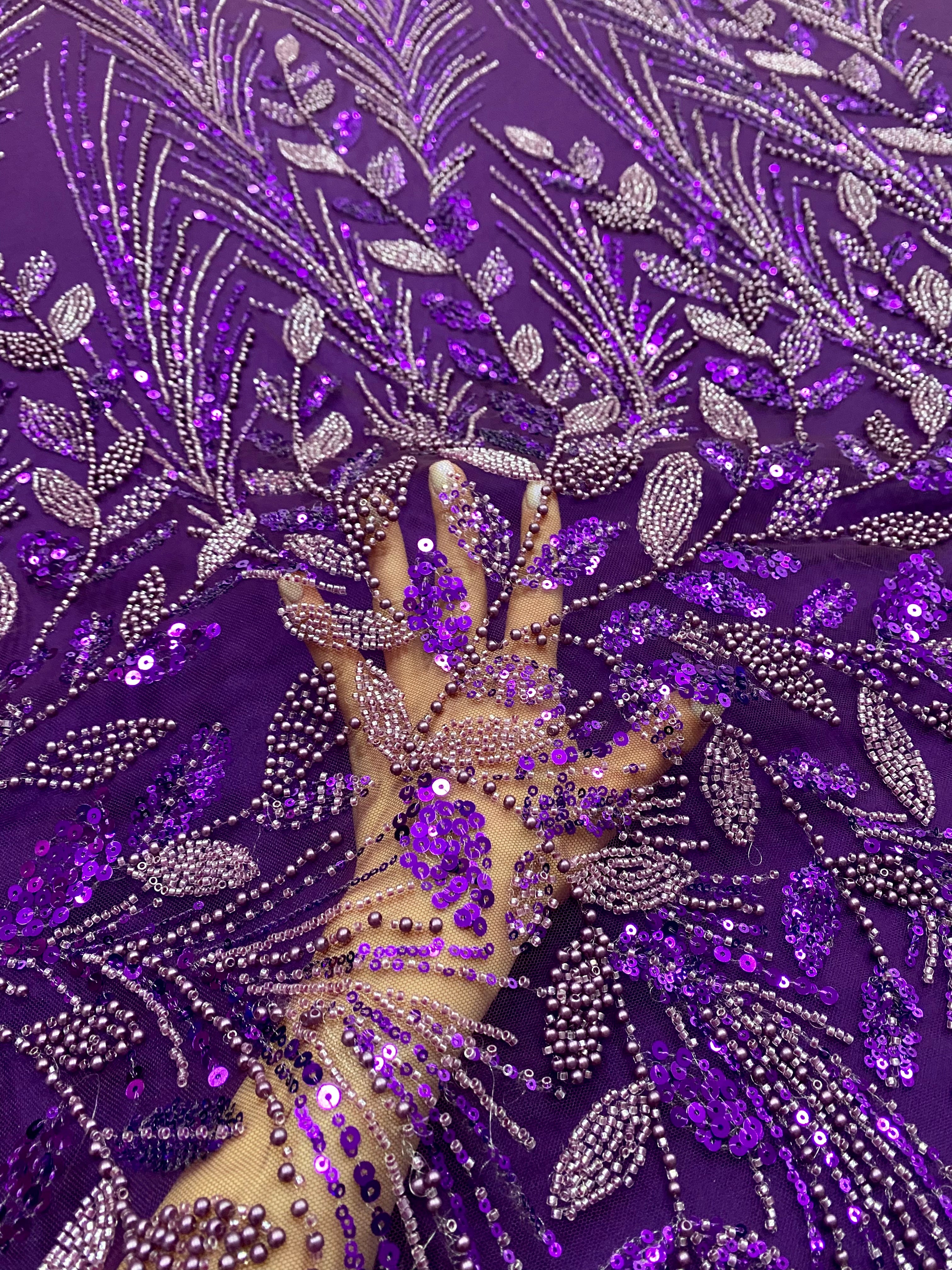 Silver Lace with Linear Pattern, with Pearls and Sequins