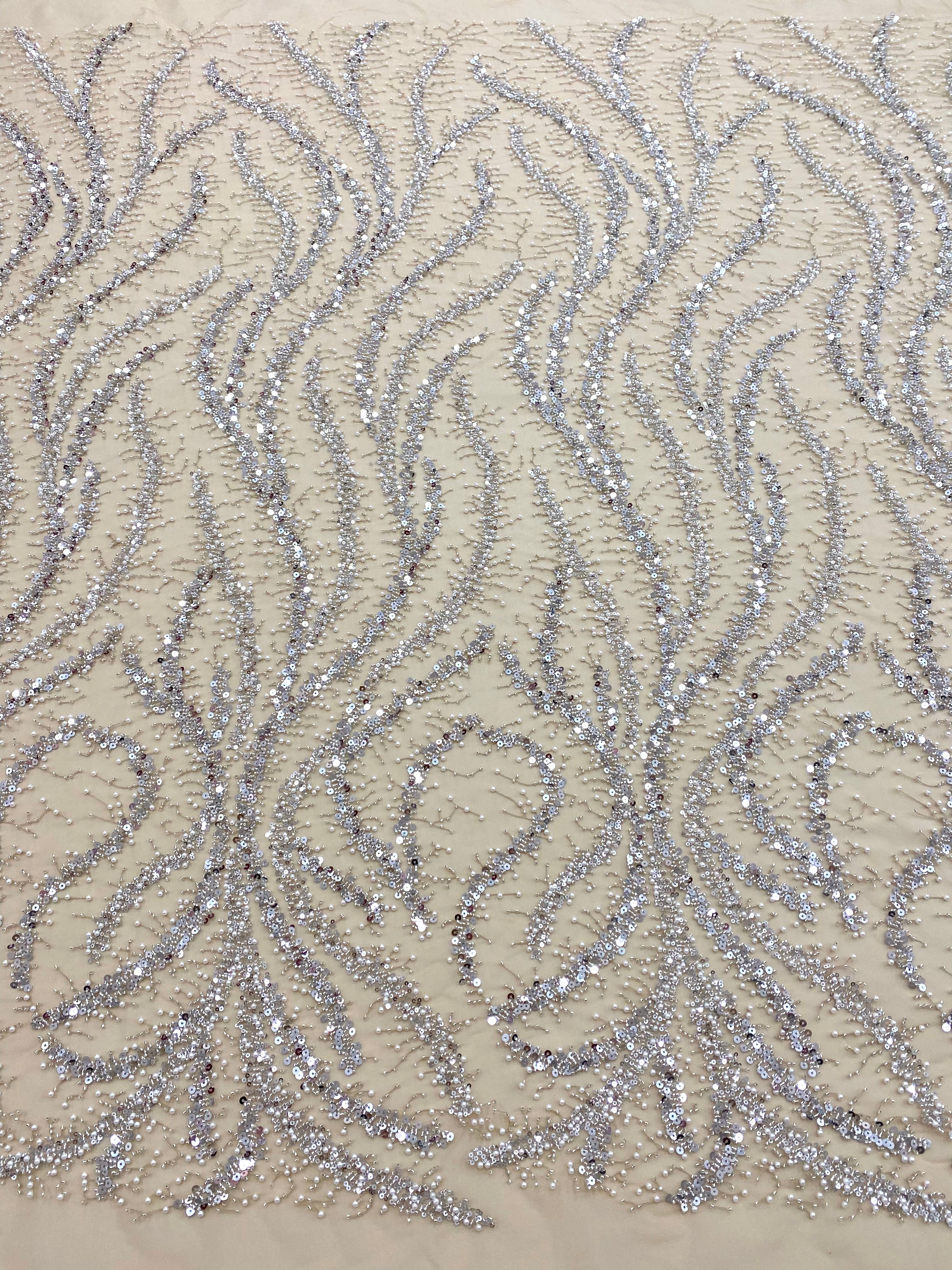 Silver Lace with Nude Tulle with Linear Pattern, Beads and Sequins