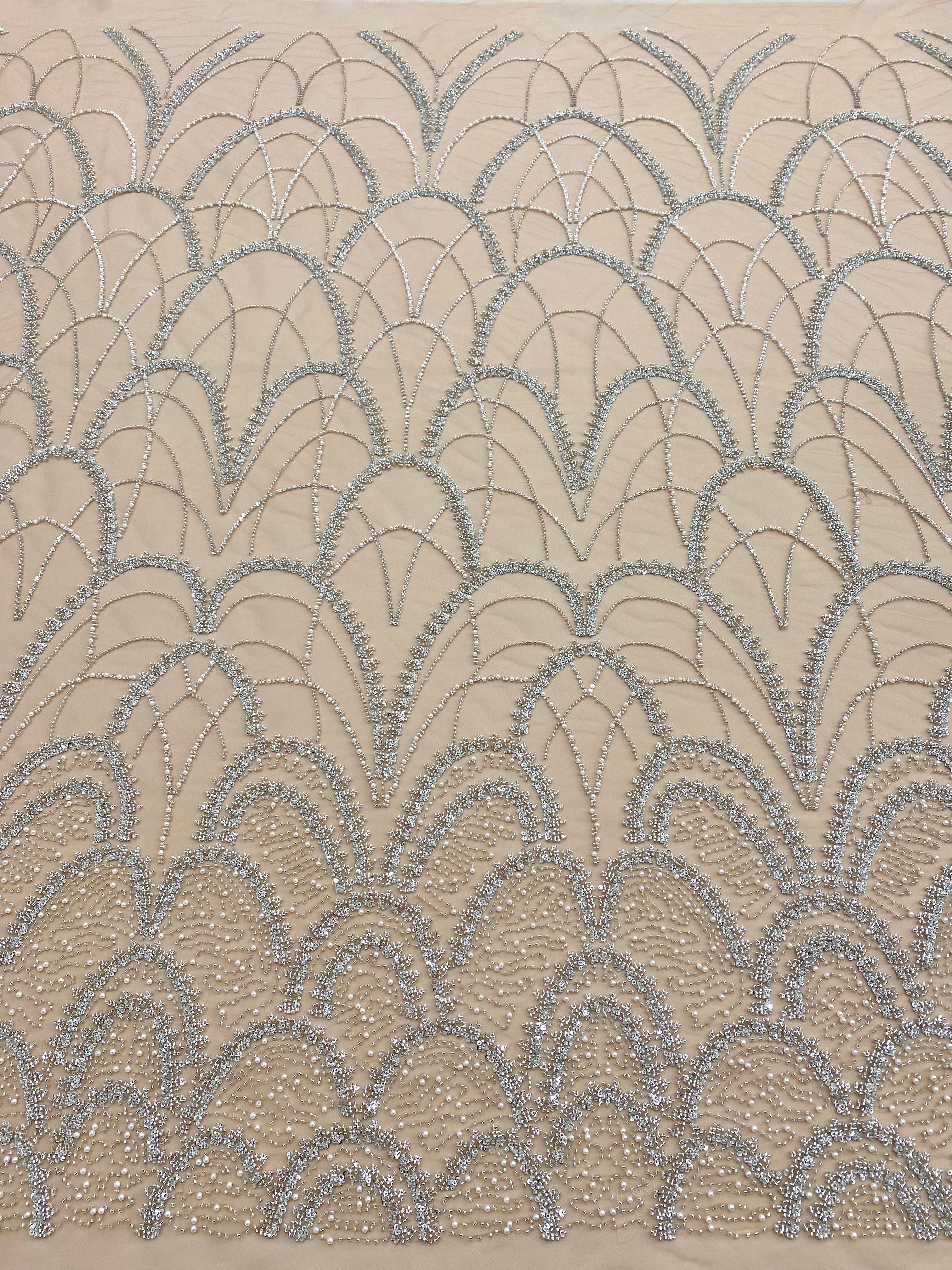 Cupon 2.39 m din Dantela Couture Argintie pe Tulle Nude cu Model Geometric, cu Perle, Margele si Paiete
