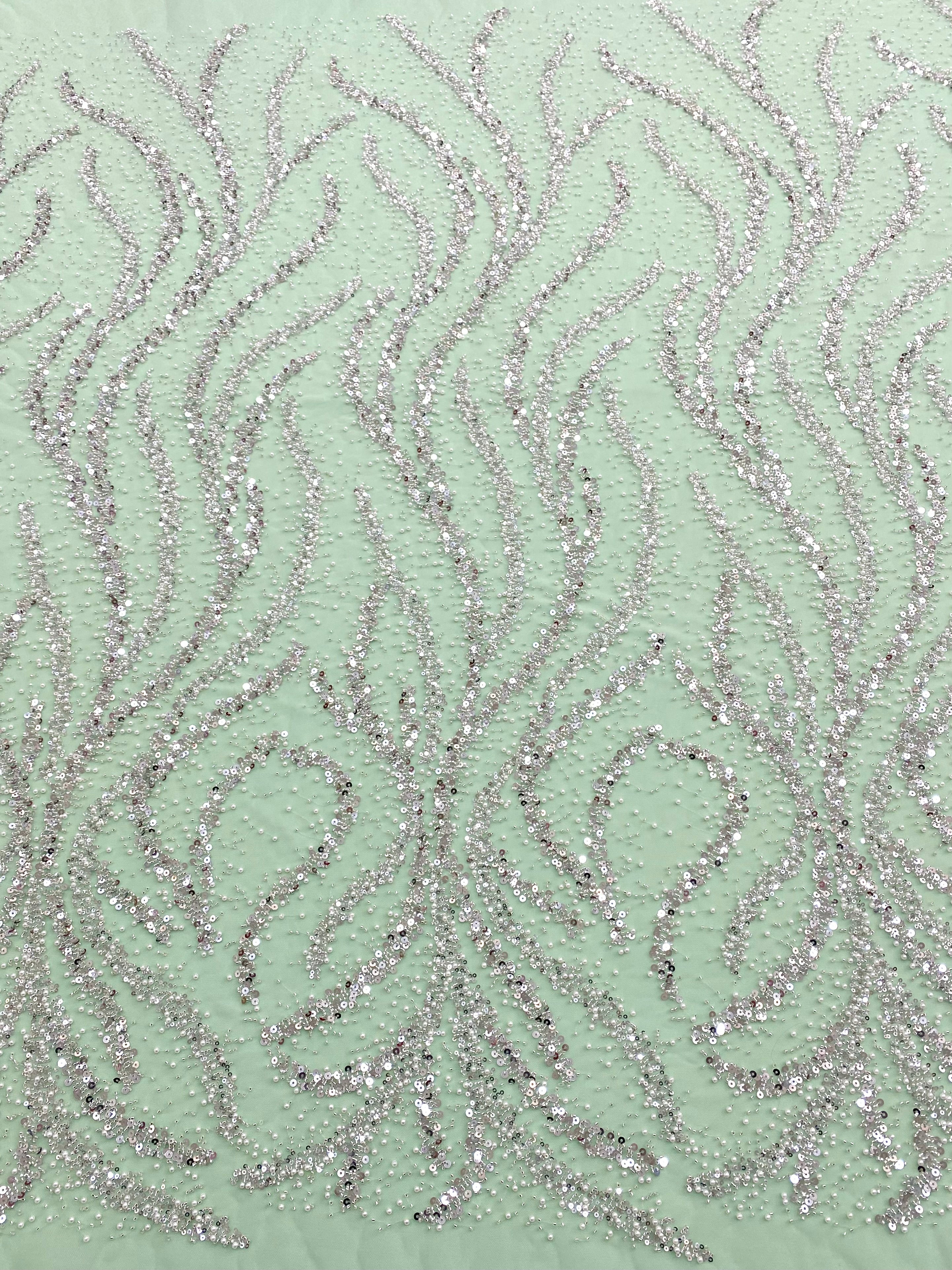 Silver Couture Lace on Mint Green Tulle with Pearls, Beads and Sequins
