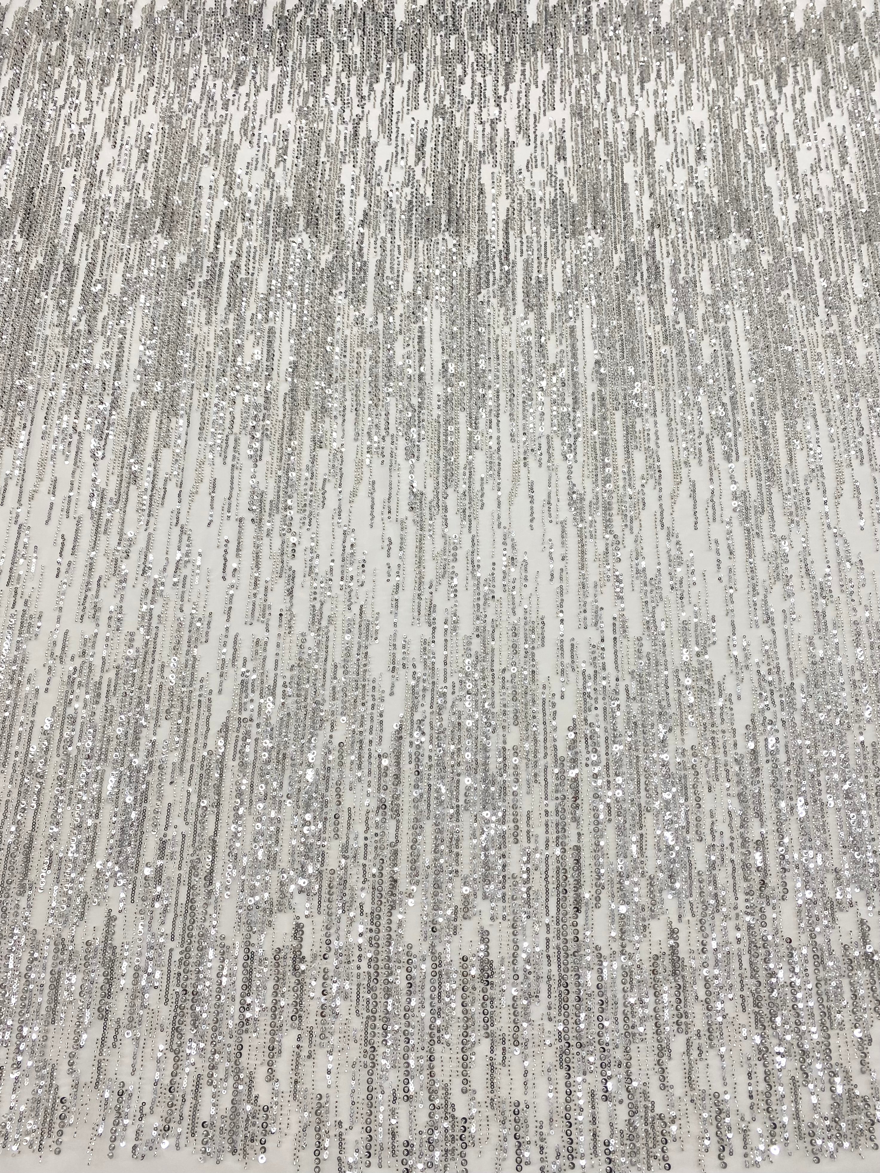 Silver Couture Lace on Ivory Tulle with Linear Pattern, with Beads and Sequins
