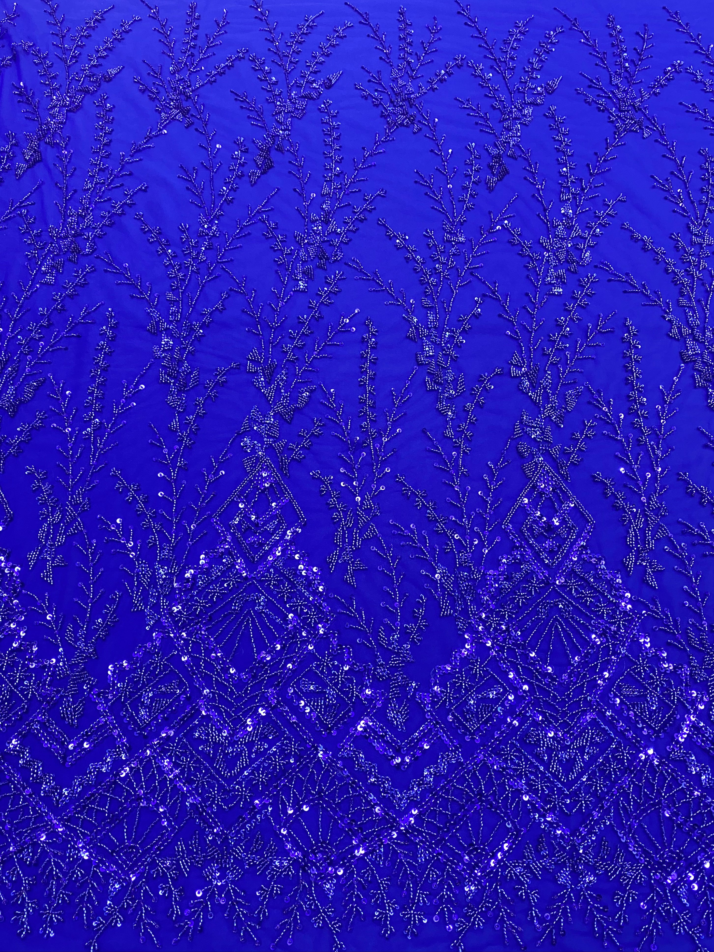 Royal Blue Couture Lace with Geometric Pattern, Beads and Sequins