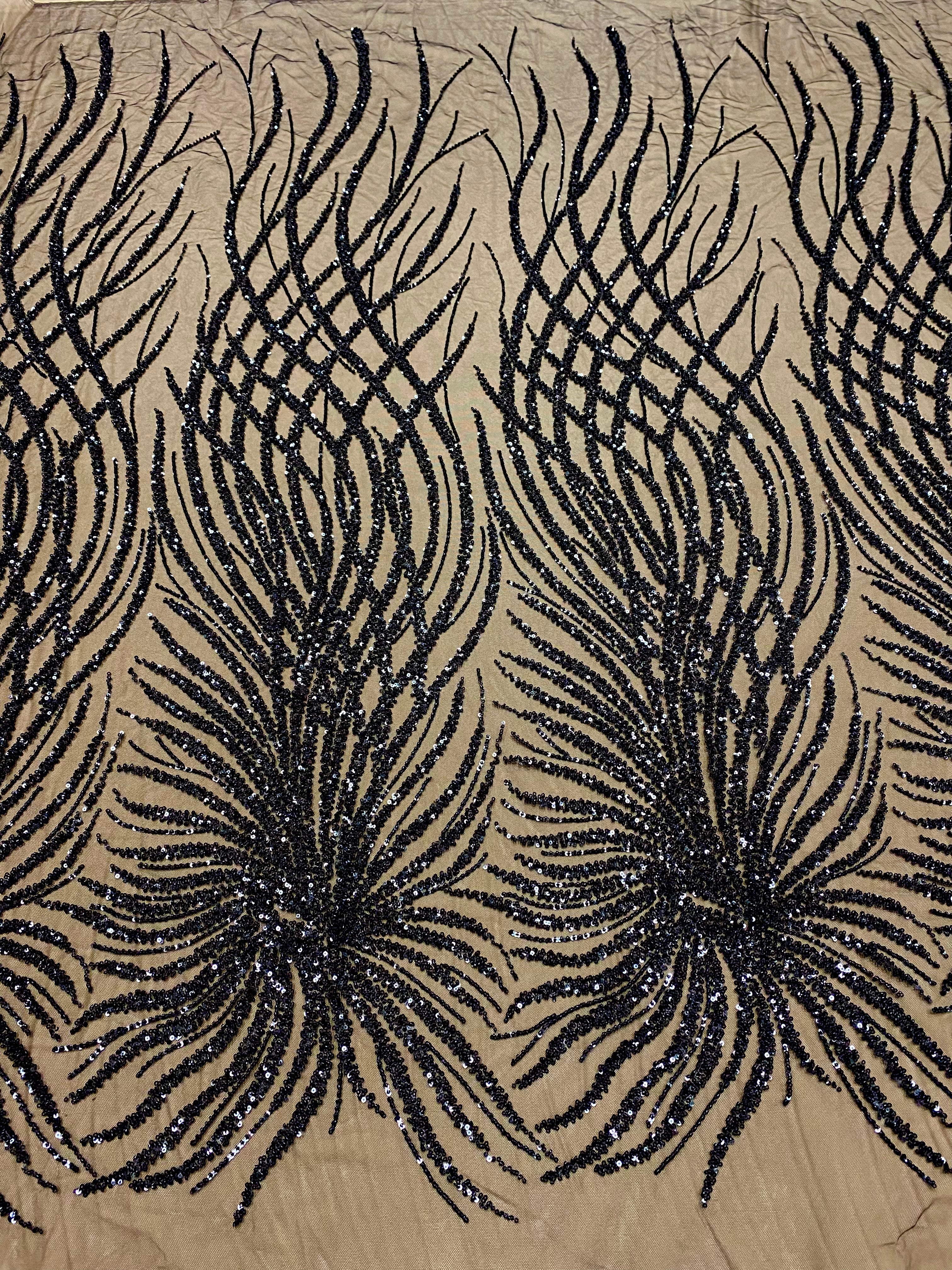 Brown Lace with Geometric Pattern, with Beads and Sequins