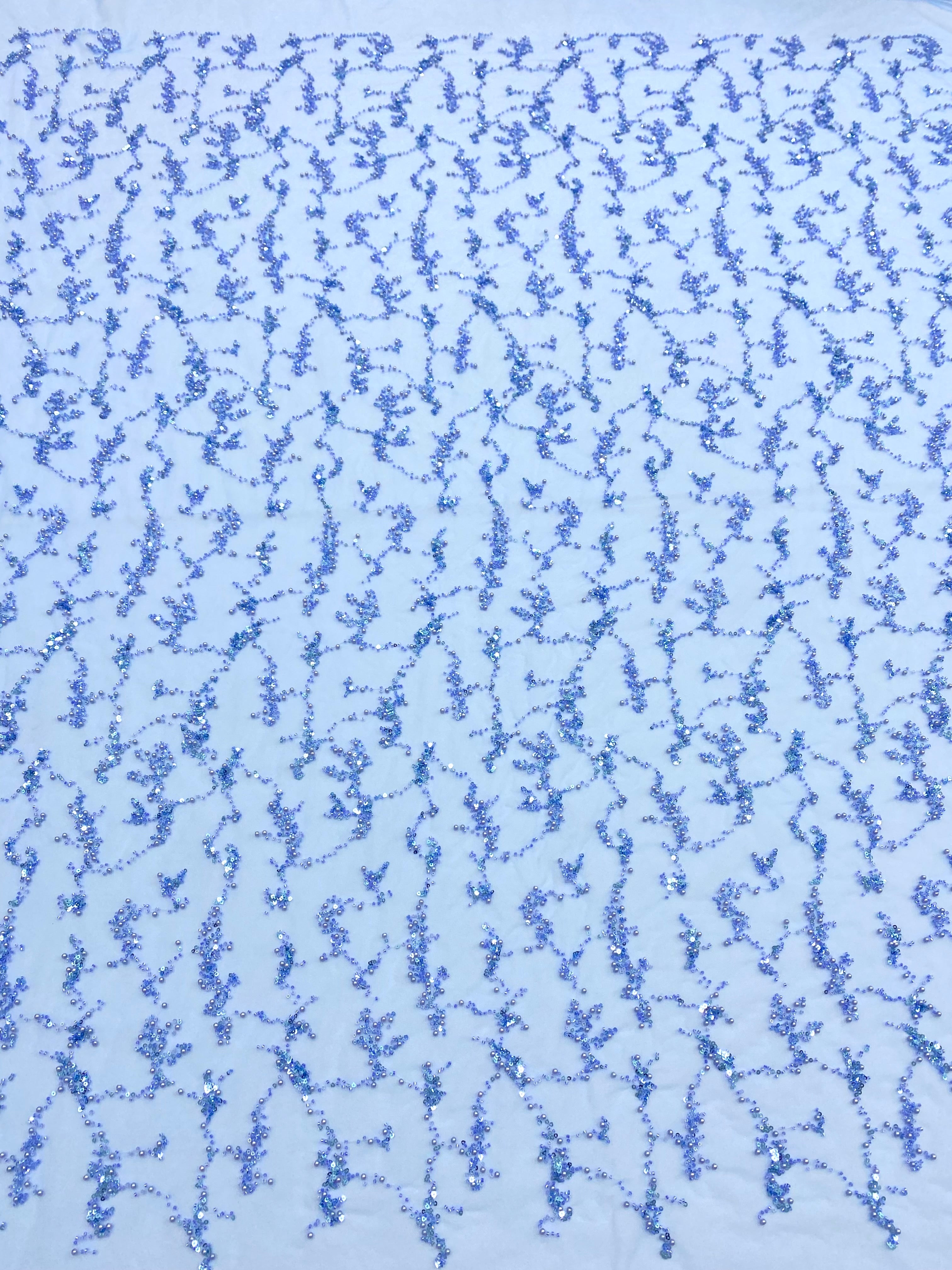 Dantela Couture Sky Blue cu Perle, Margele si Paiete