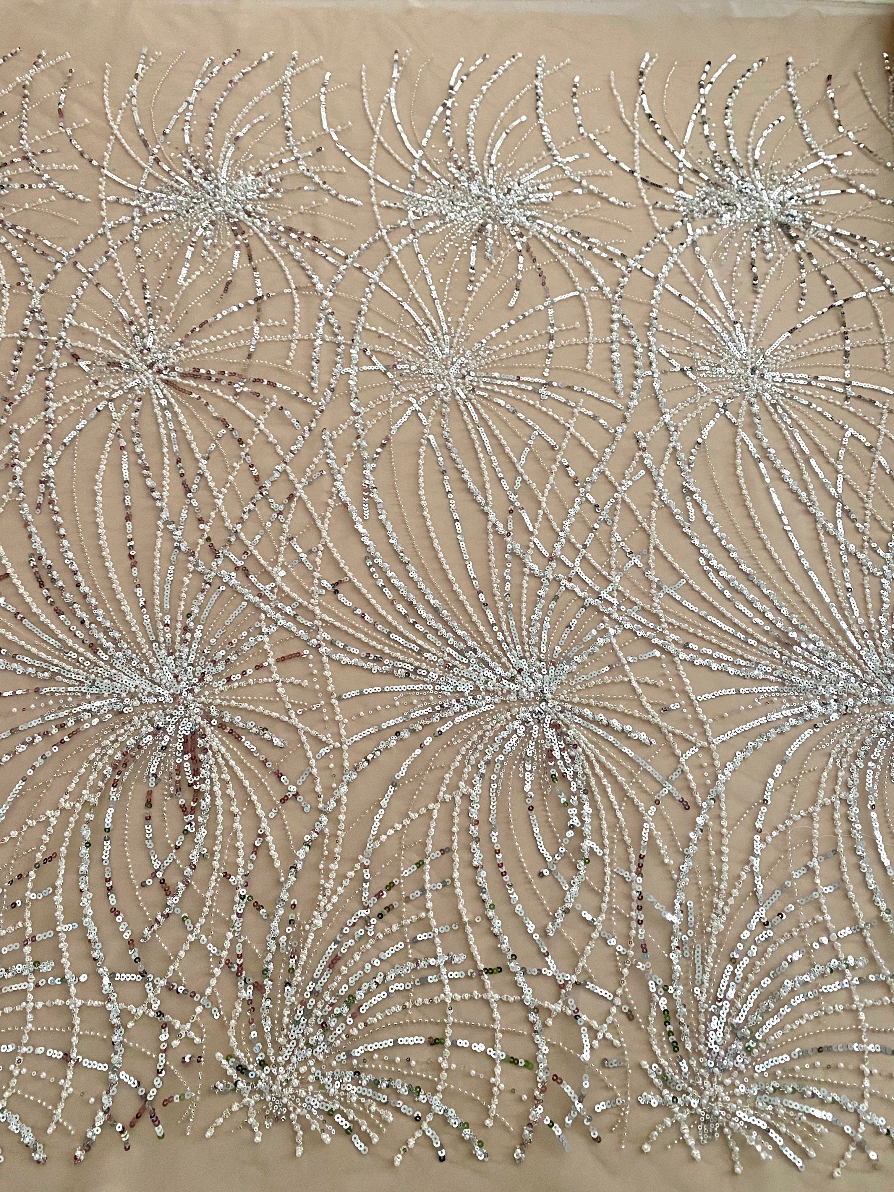 Silver Lace with Linear Pattern, with Pearls and Sequins