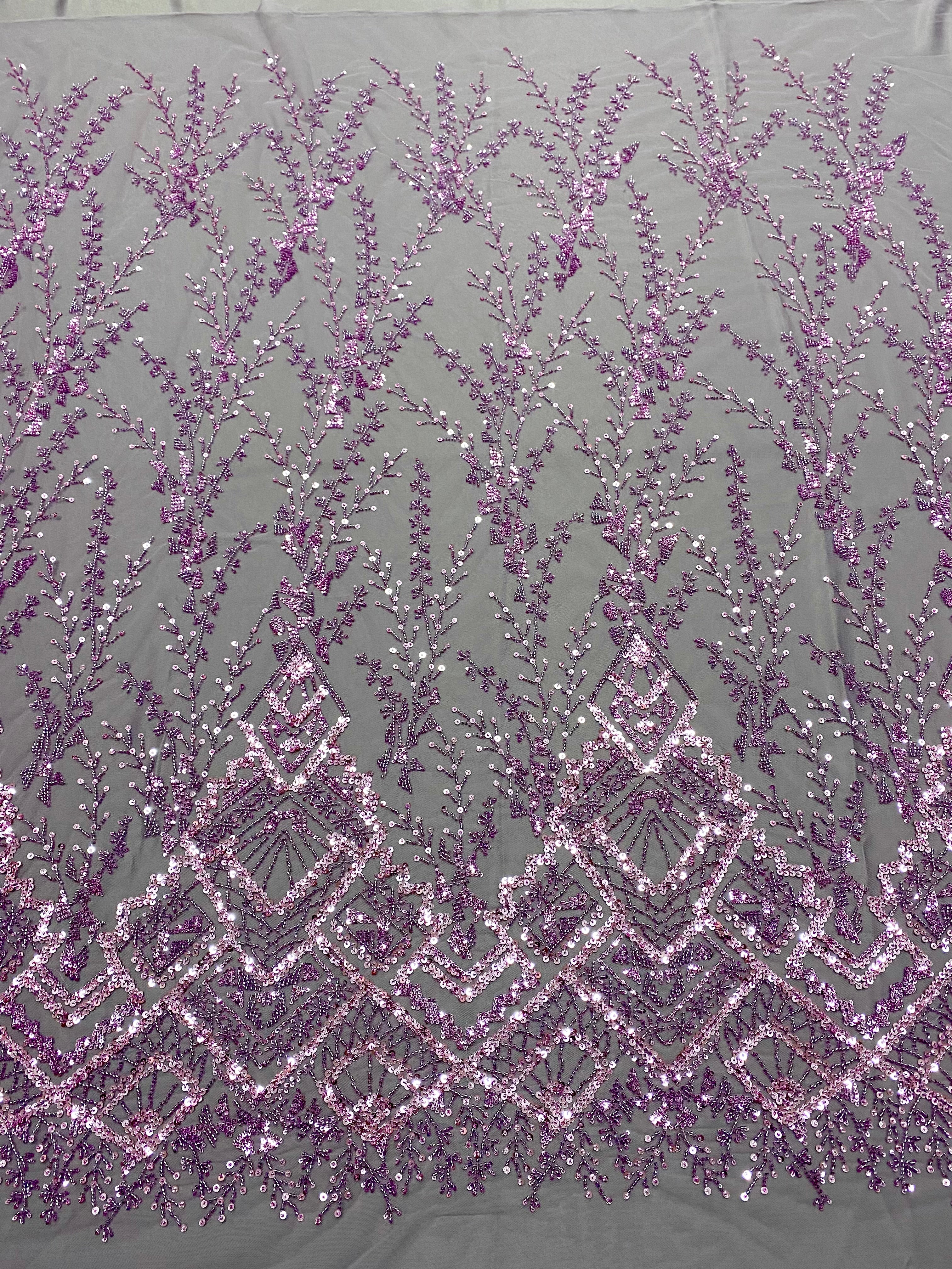 Dantela Couture Lavanda Pudrata cu Model Geometric, cu Margele si Paiete
