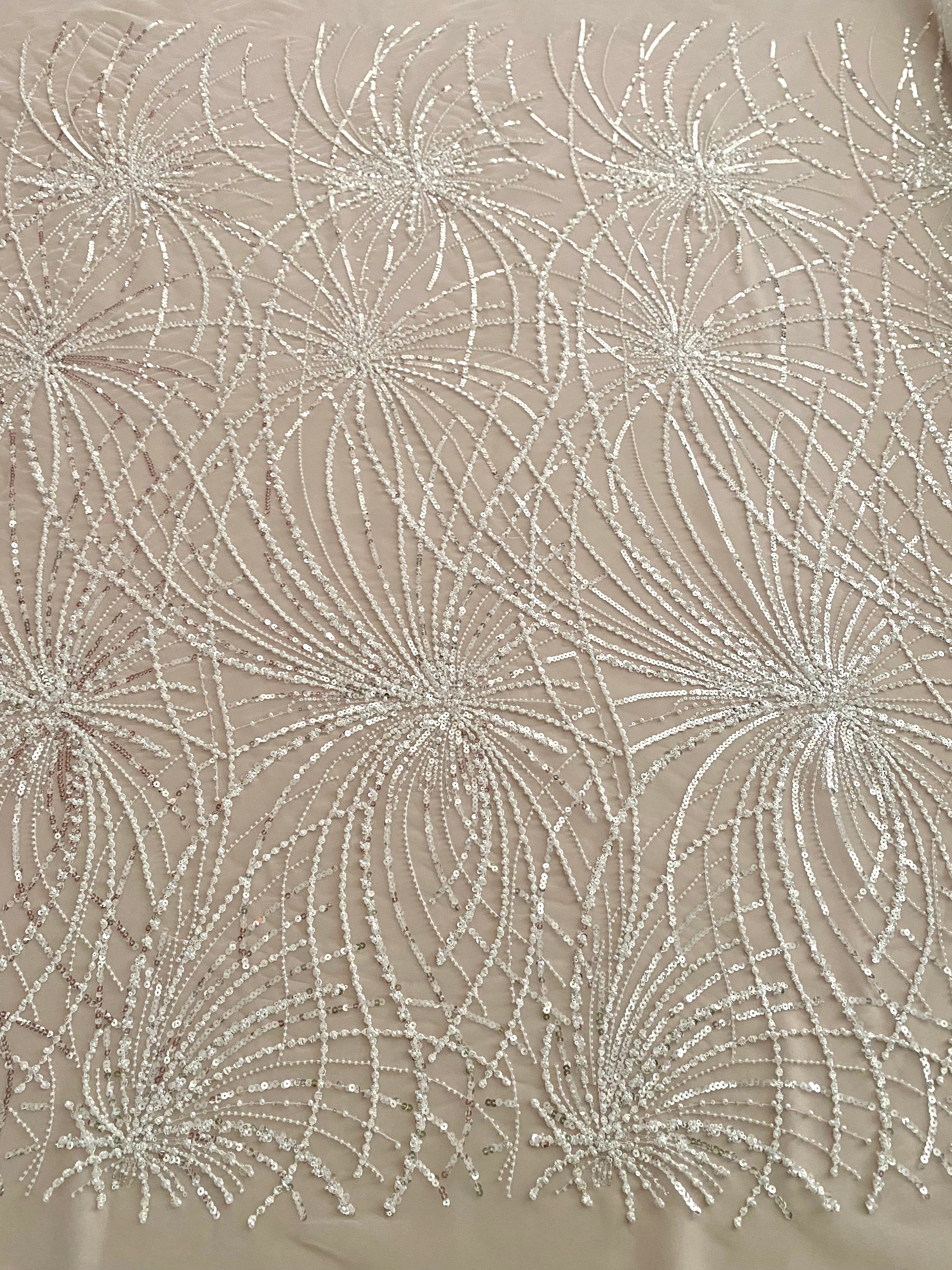 Dantela Couture Ivory cu Model Geometric, cu Perle, Margele si Paiete