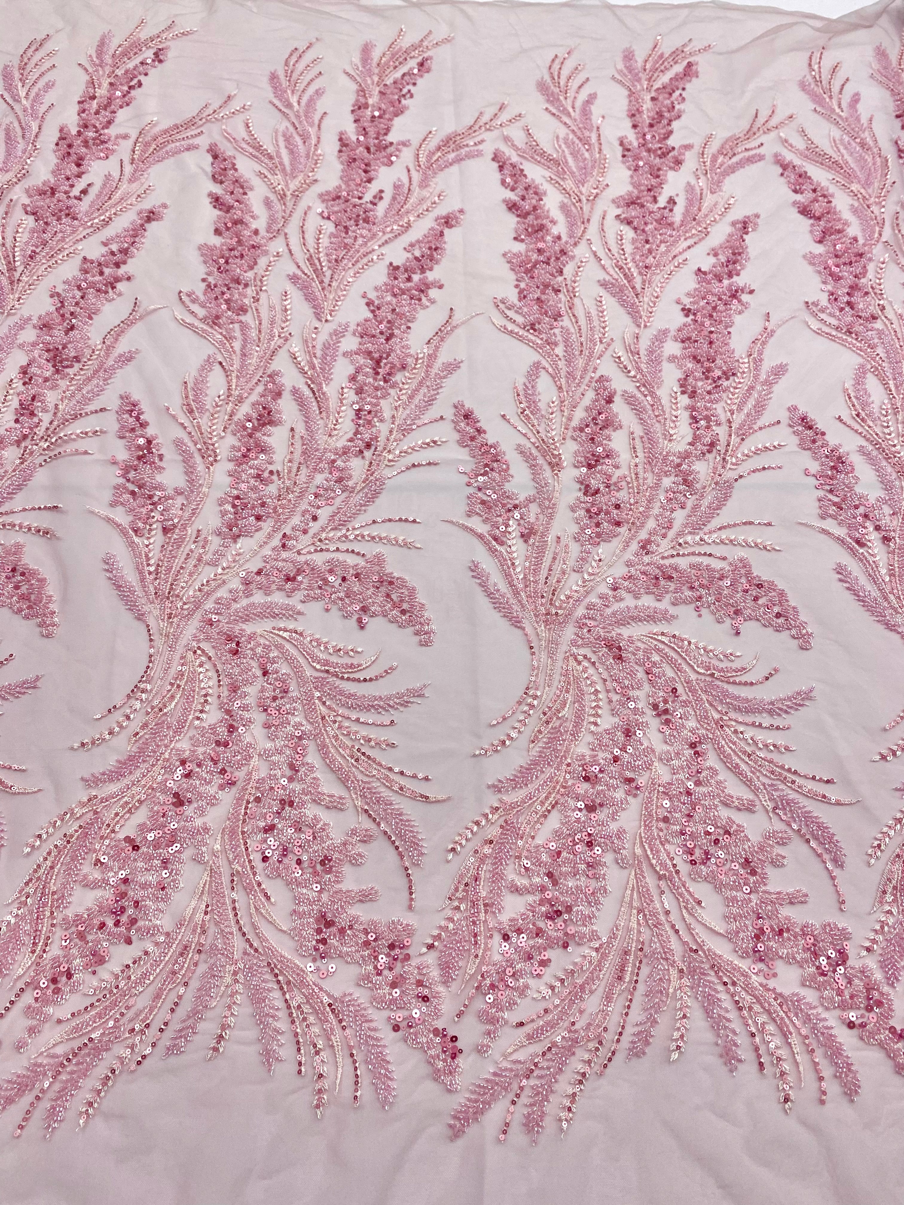 Dantela Couture Roz cu Model Floral cu Perle, Margele si Paiete