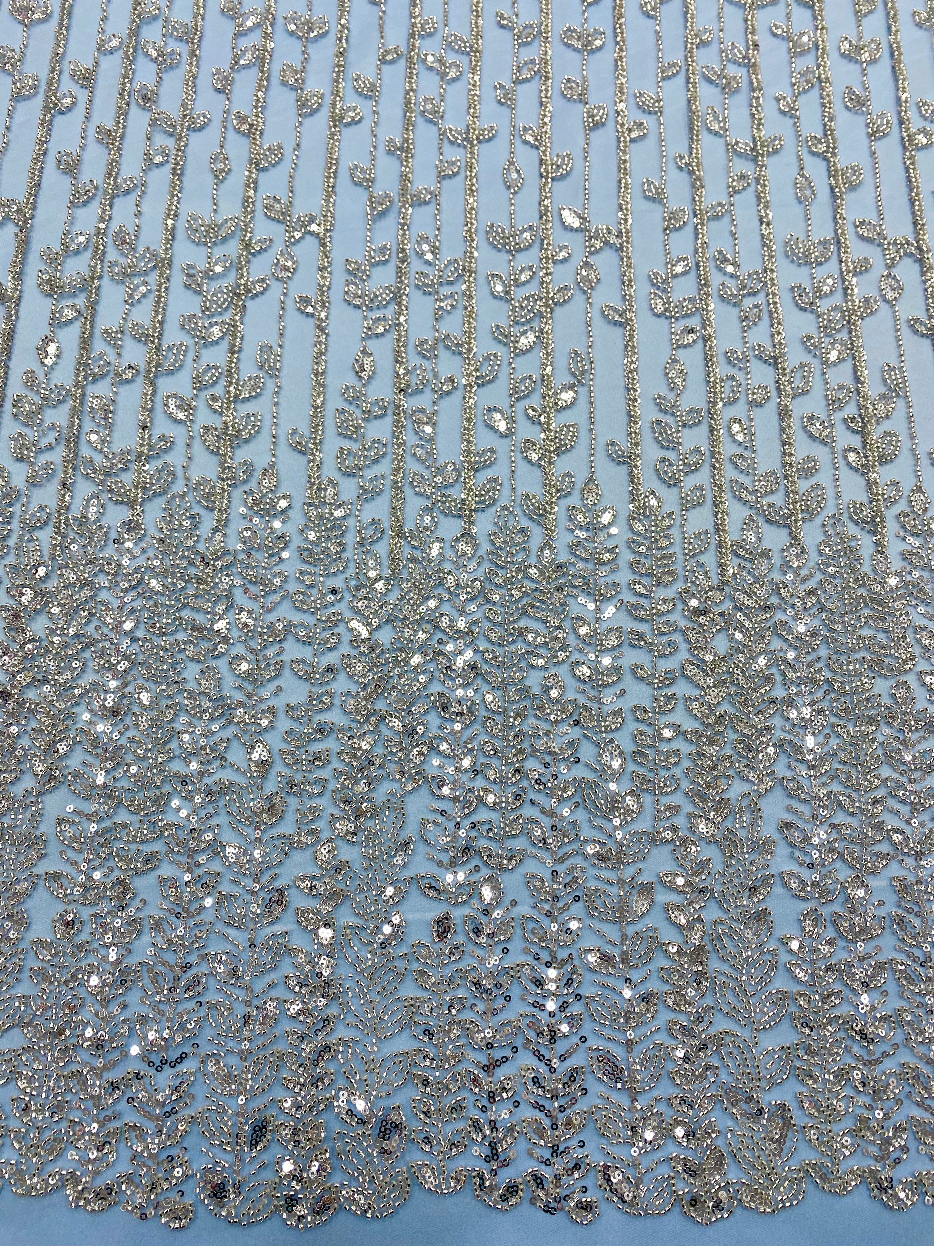 Silver Lace with Linear Pattern, with Pearls and Sequins