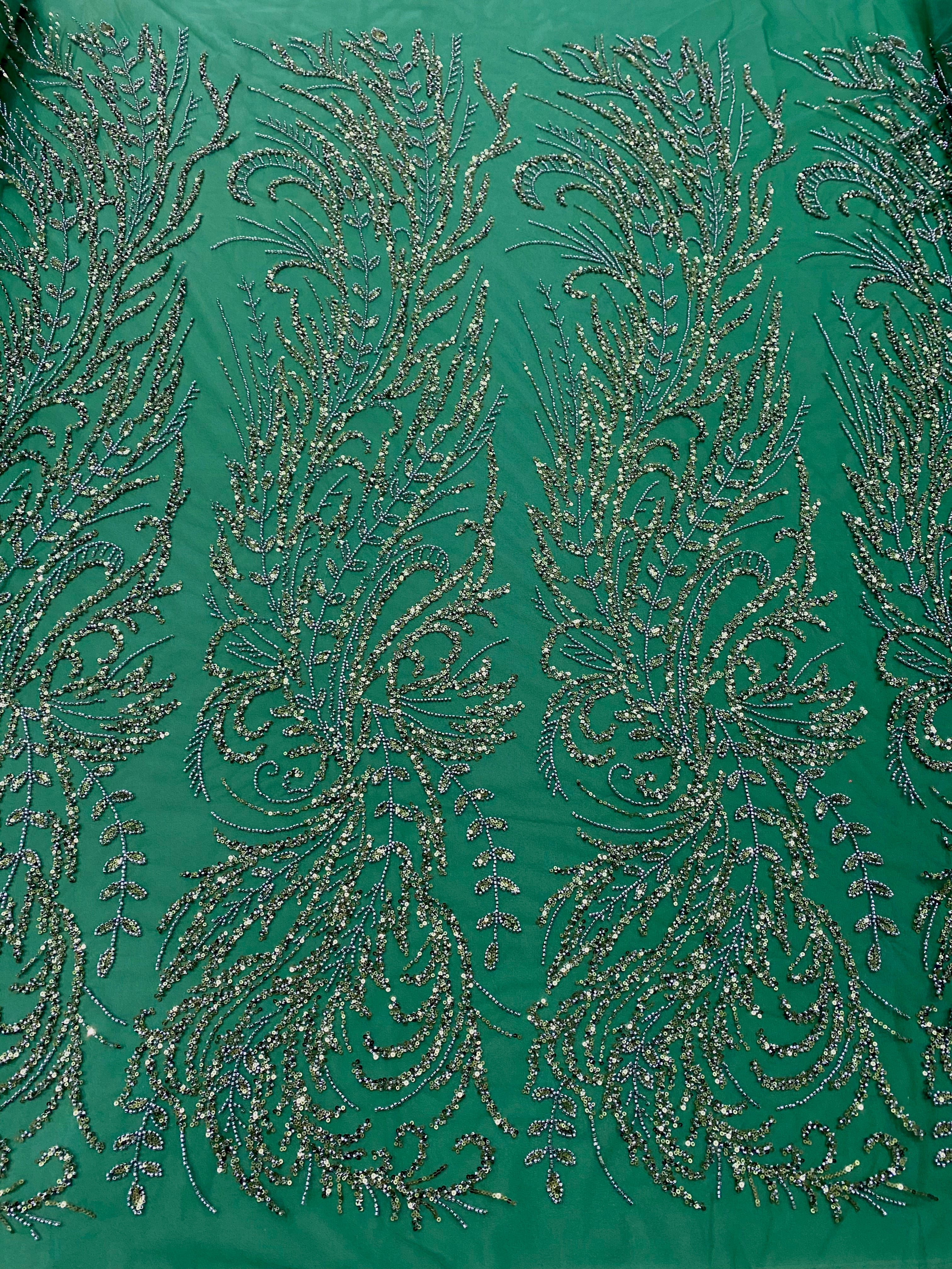 Dantela Couture Verde Smarald cu Model Floral, cu Margele si Paiete