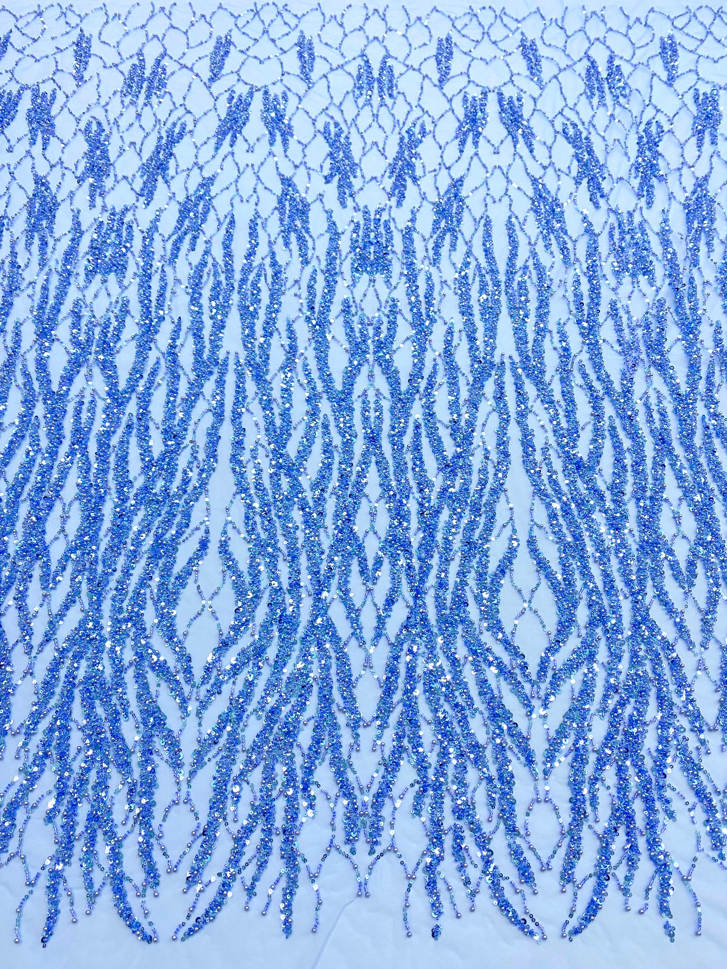 Dantela Couture Sky Blue cu Siraguri cu Perle, Margele si Paiete