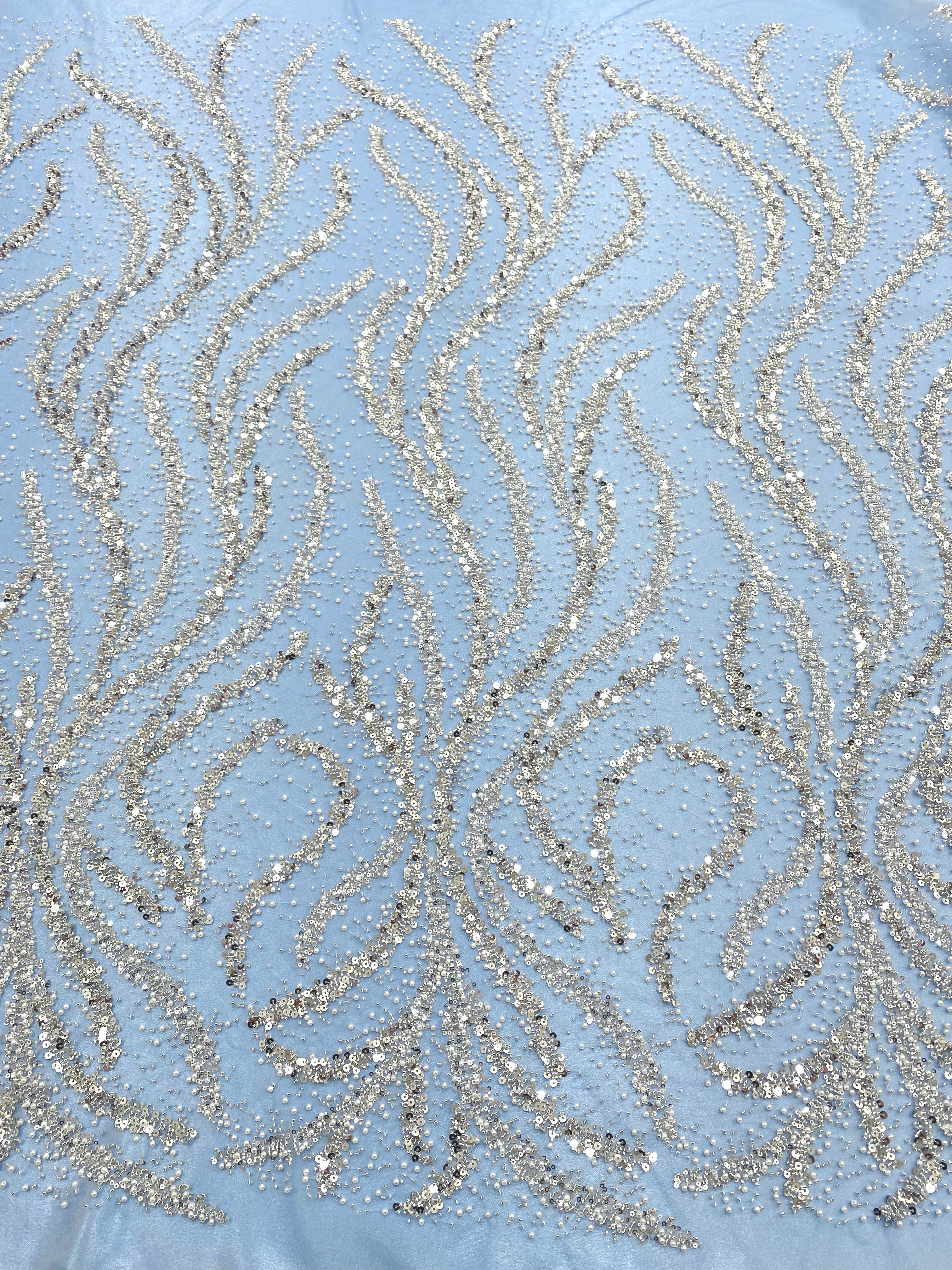 Silver Couture Lace on Blue Tulle with Pearls, Beads and Sequins 