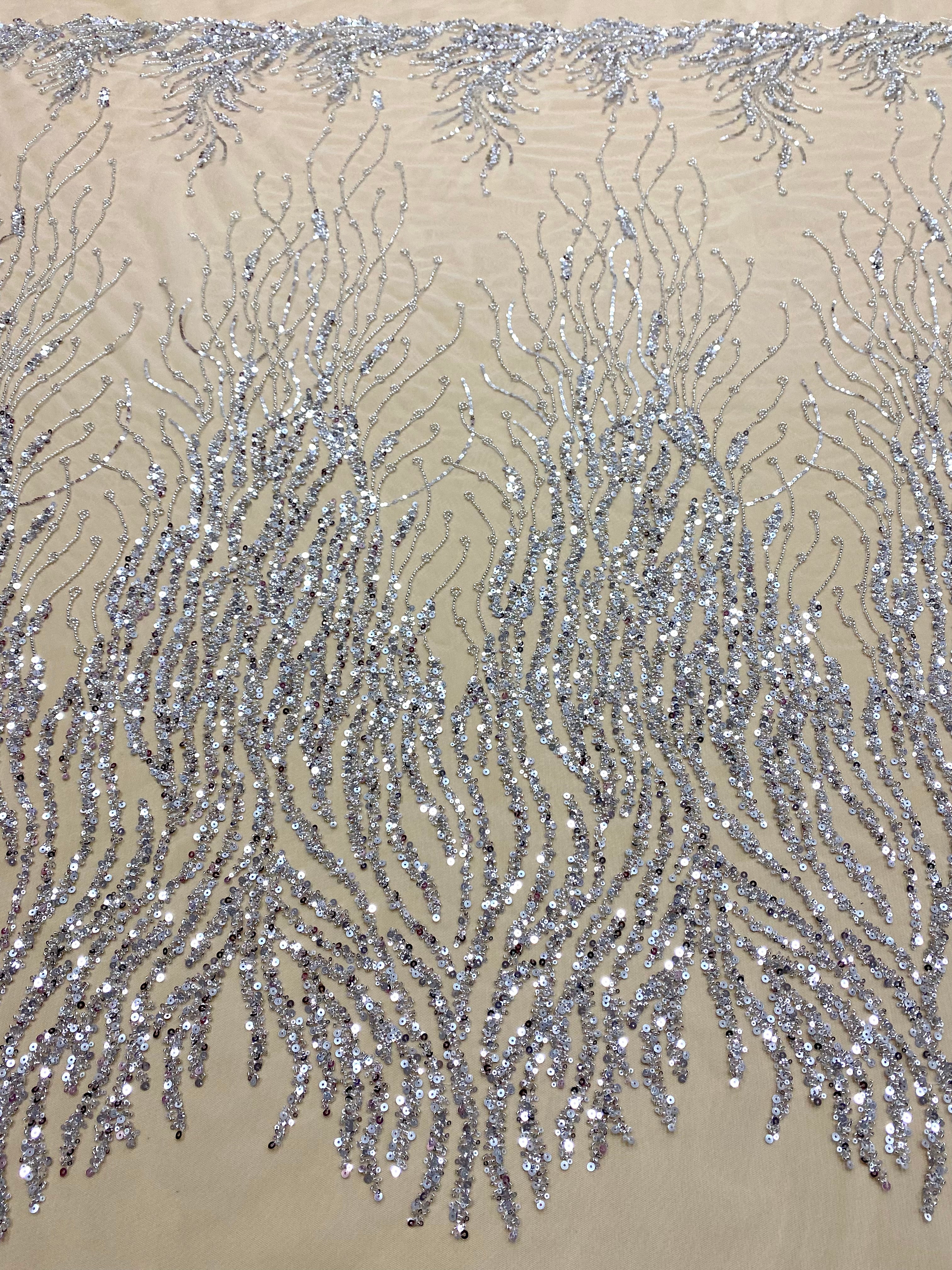 Silver Couture Lace with Strings, Beads and Sequins