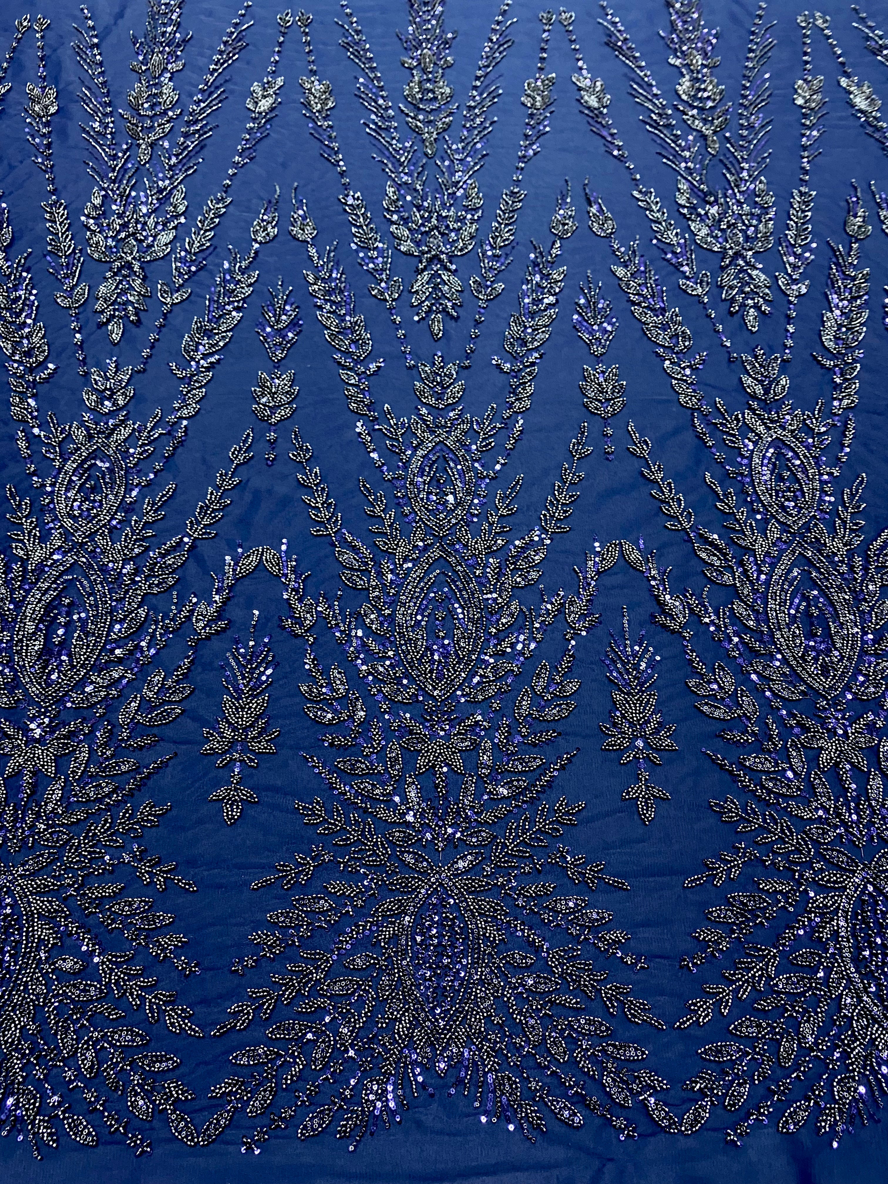 Navy Blue Couture Lace with Symmetrical Pattern, with Beads and Sequins 
