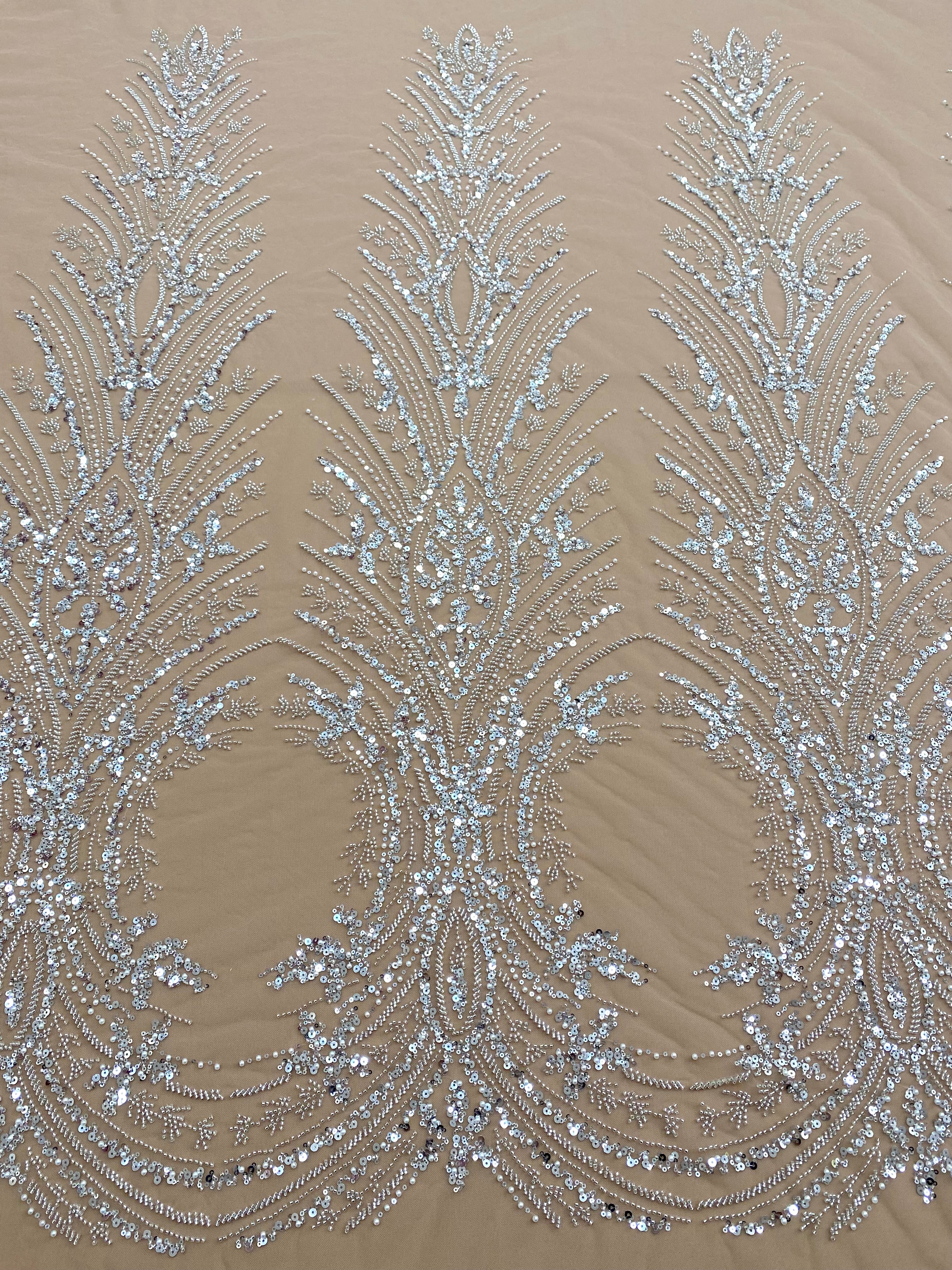 Silver Lace with Linear Pattern, with Pearls and Sequins