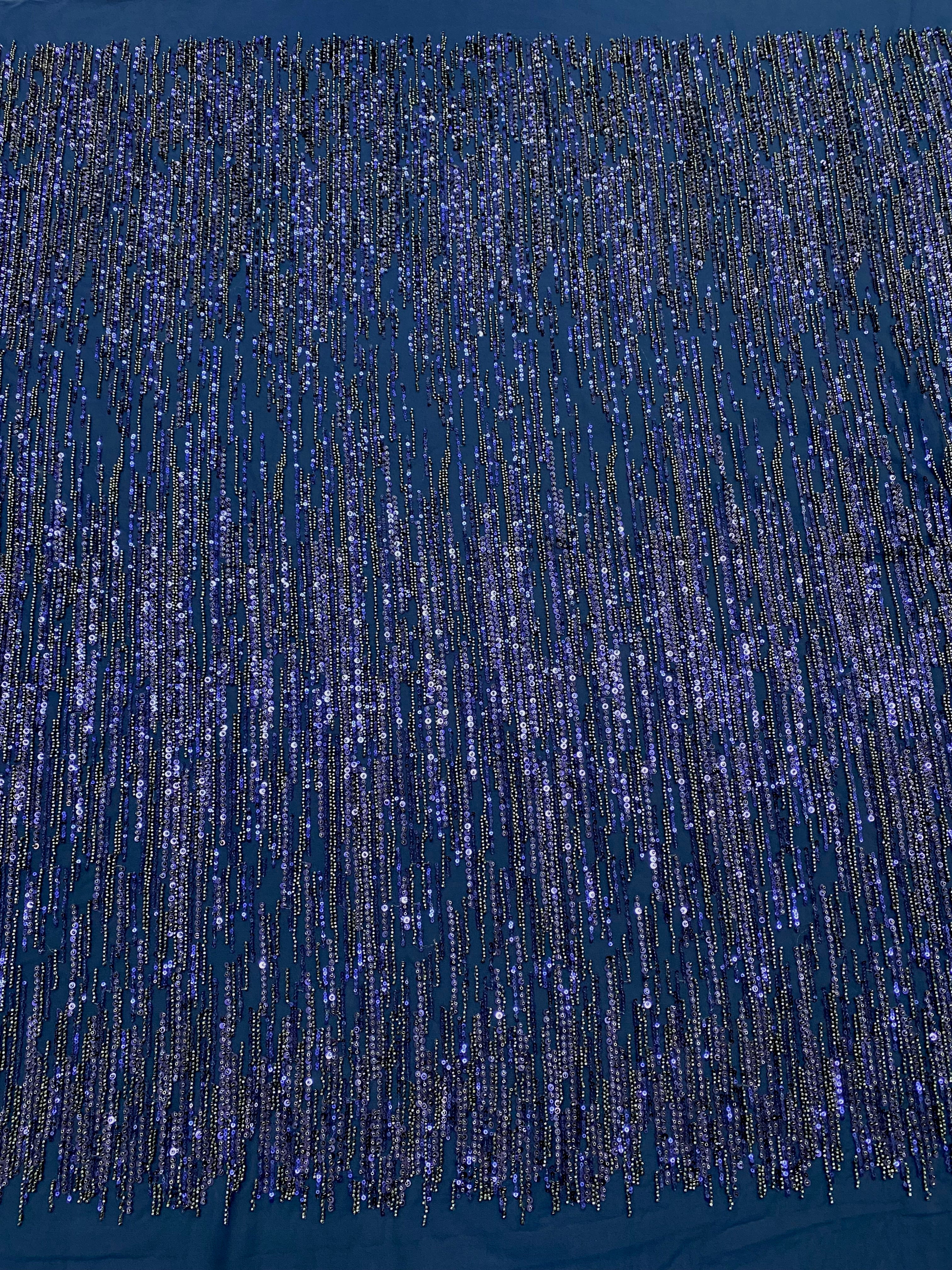 Navy Blue Couture Lace with Linear Pattern, Beads and Sequins