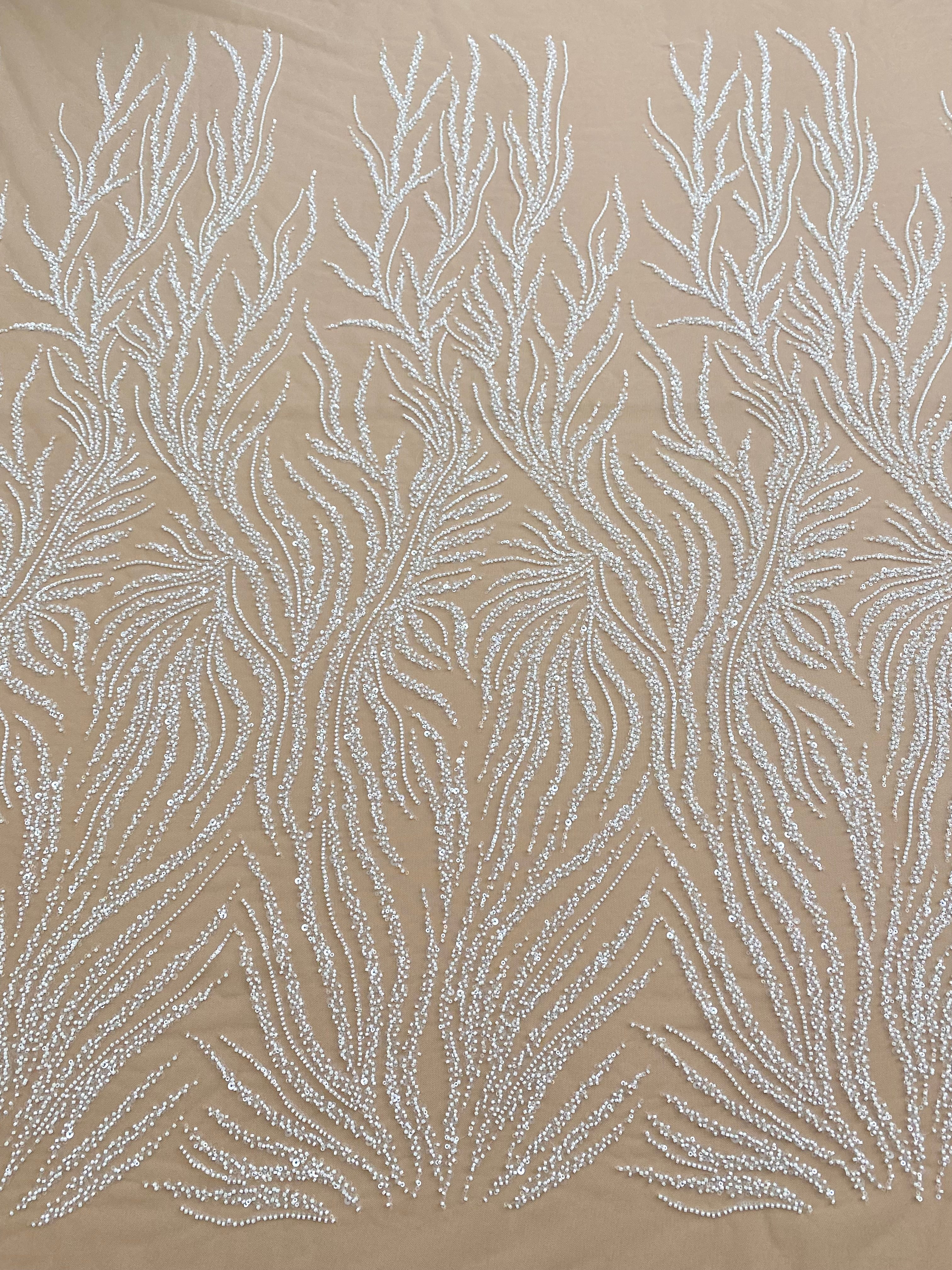 Dantela Couture Ivory pe Tulle Nude cu Siraguri, cu Margele si Paiete
