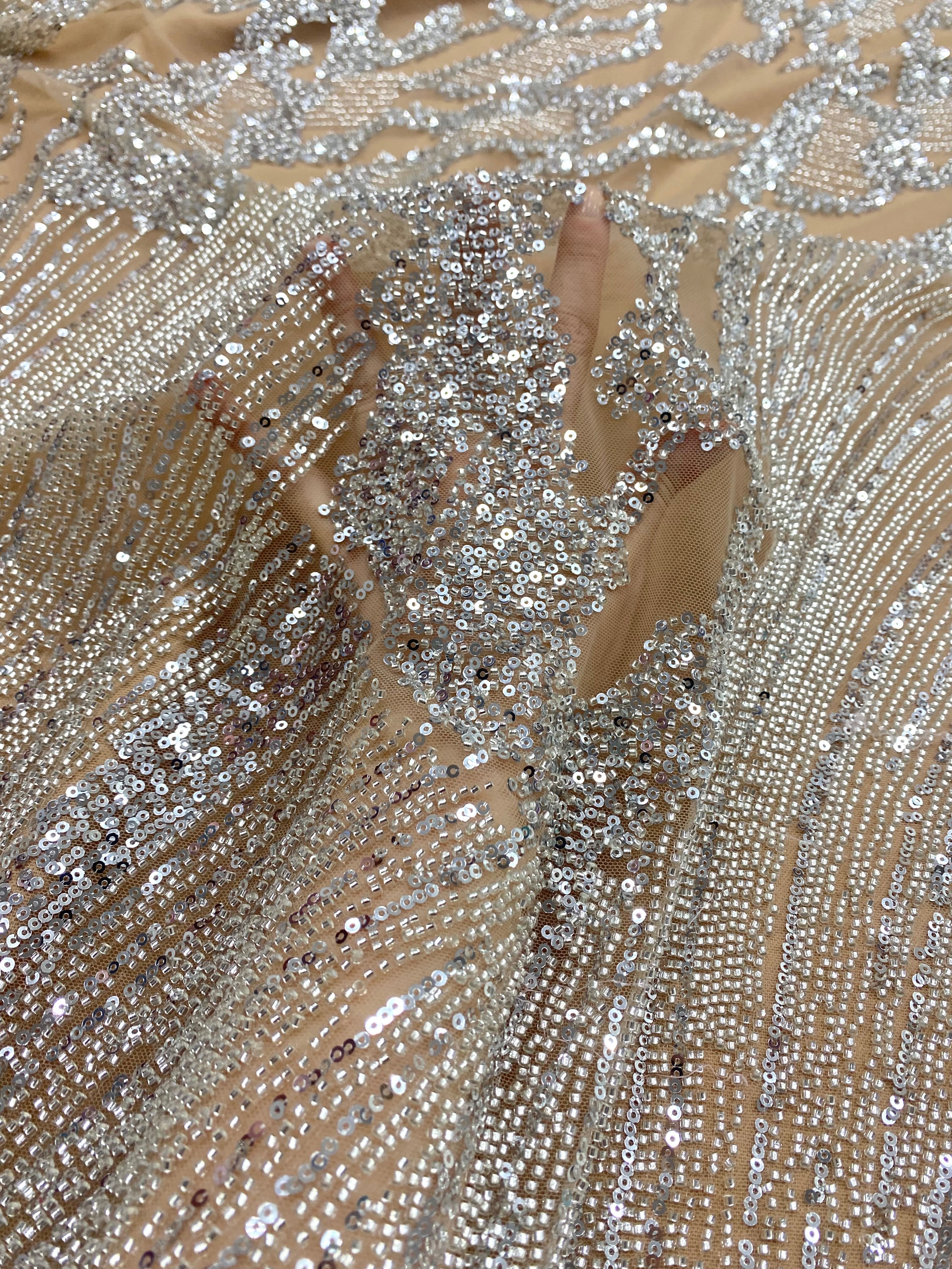Silver Couture Lace on Nude Tulle with Geometric Pattern, Beads and Sequins