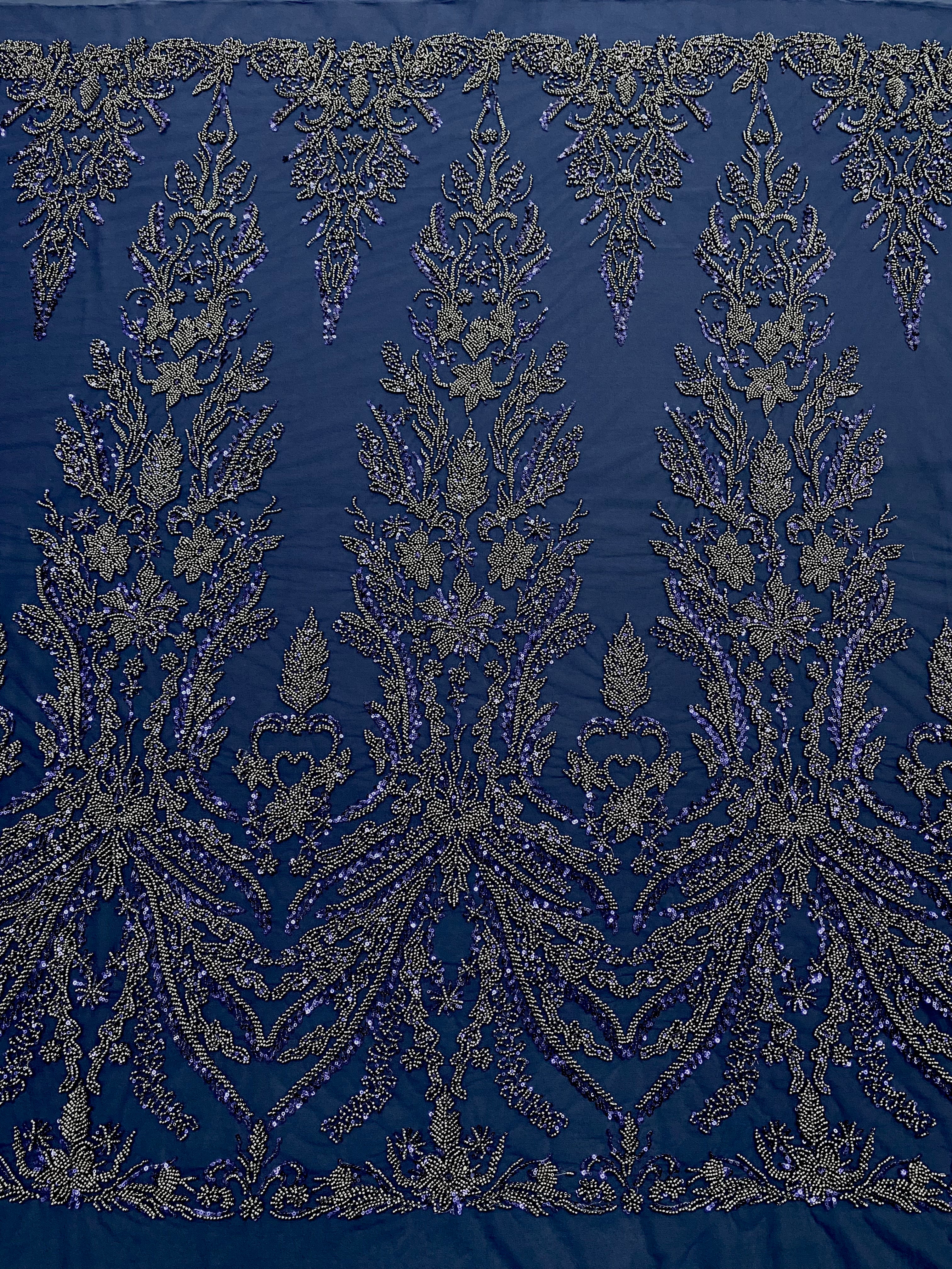 Dantela Couture Bleumarin cu Model Floral, cu Margele si Paiete