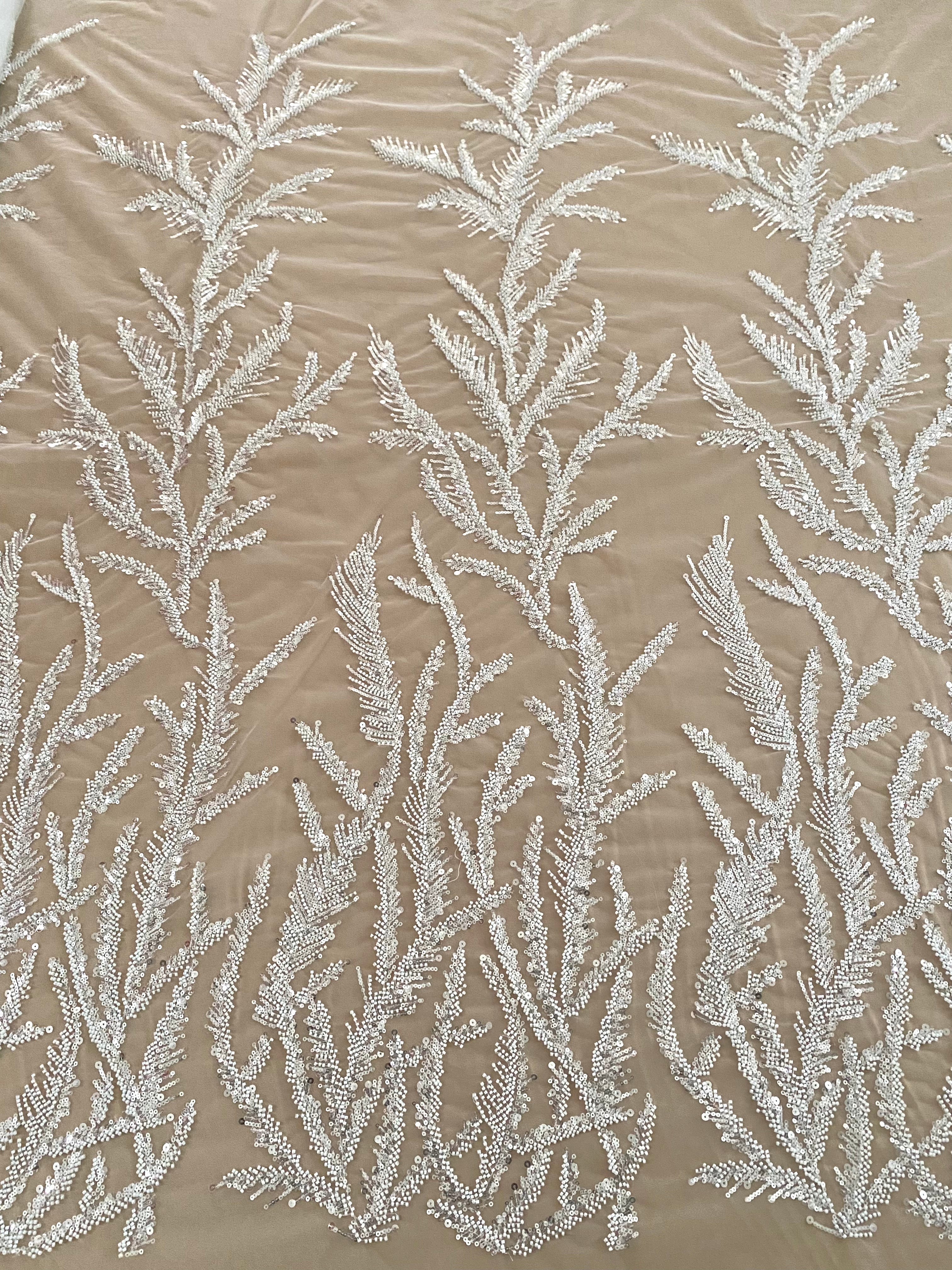 Dantela Couture Ivory cu Crengute, cu Margele si Paiete