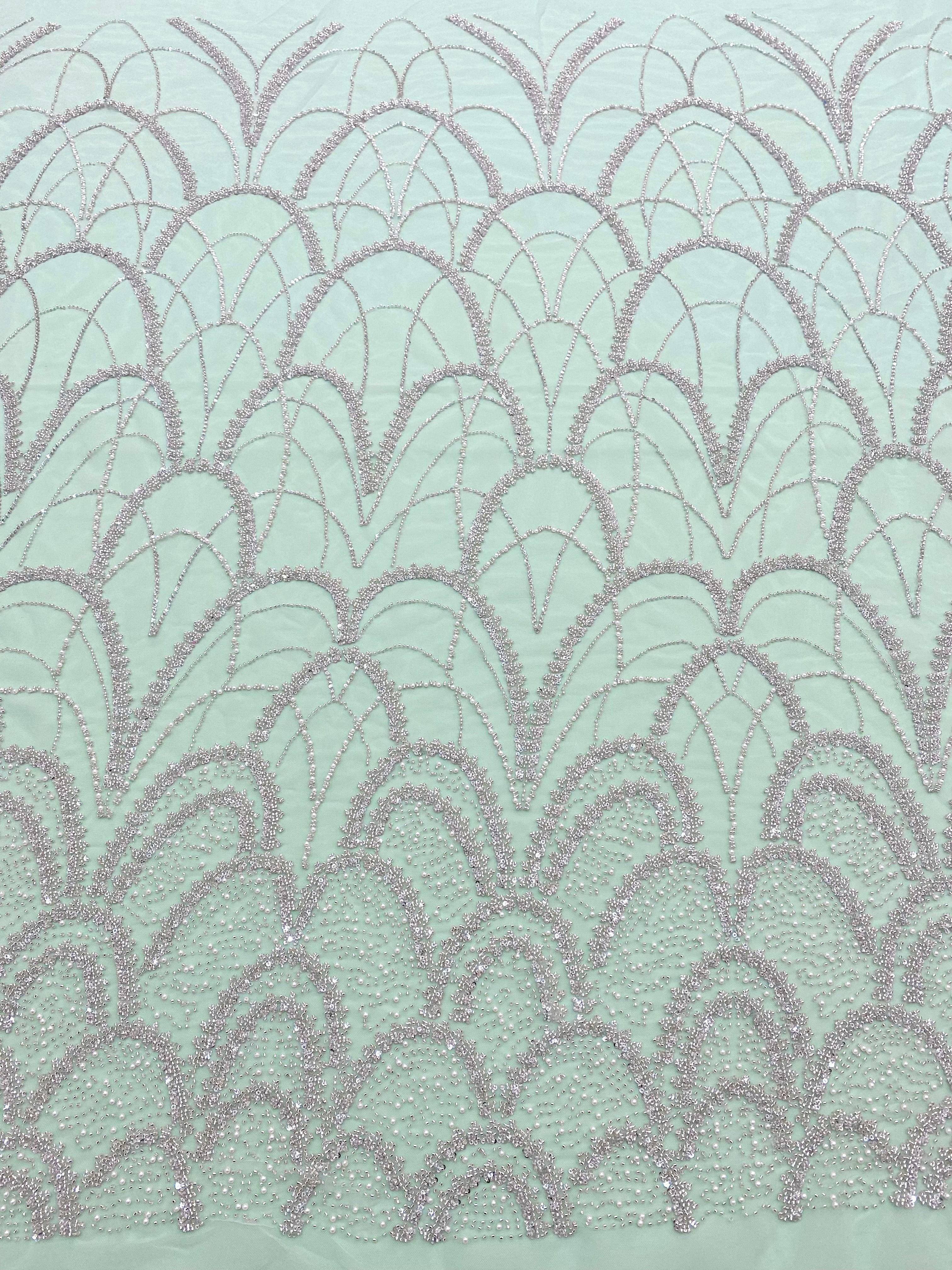 Silver Couture Lace on Mint Green Tulle with Geometric Pattern, with Pearls, Beads and Sequins