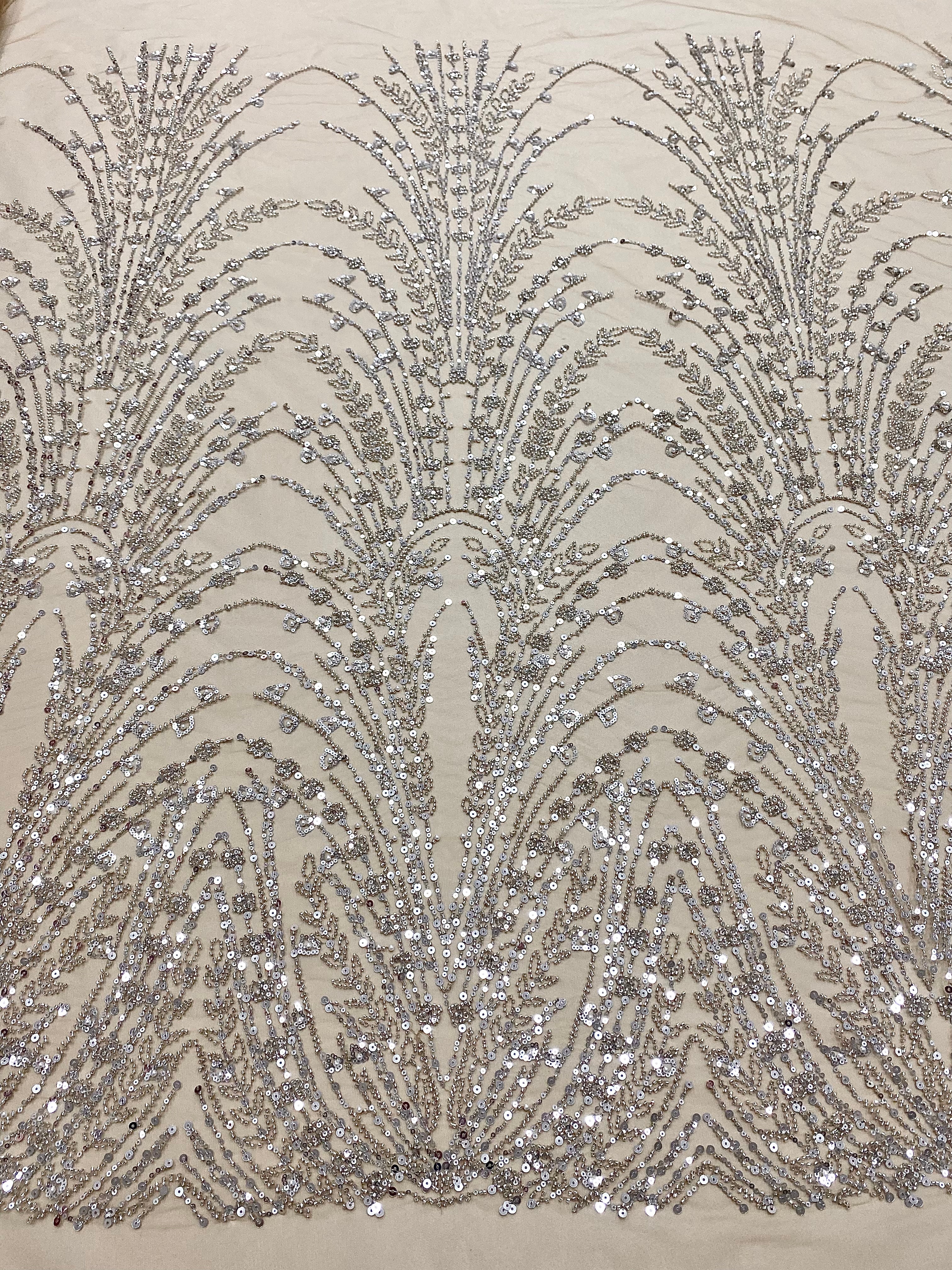 Silver Lace with Geometric Pattern, with Beads and Sequins