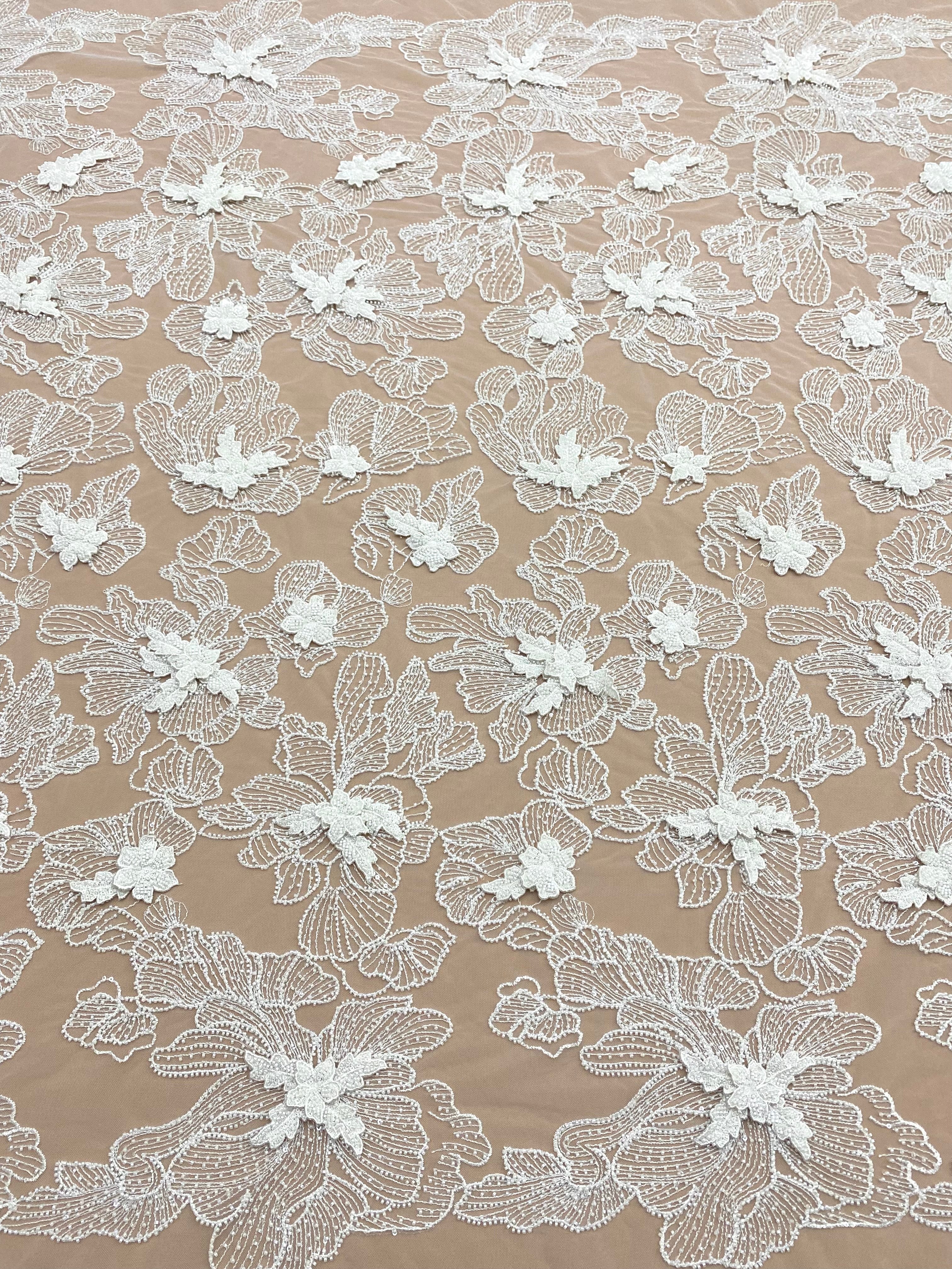 3D Couture Lace with Ivory Flowers, Beads and Sequins