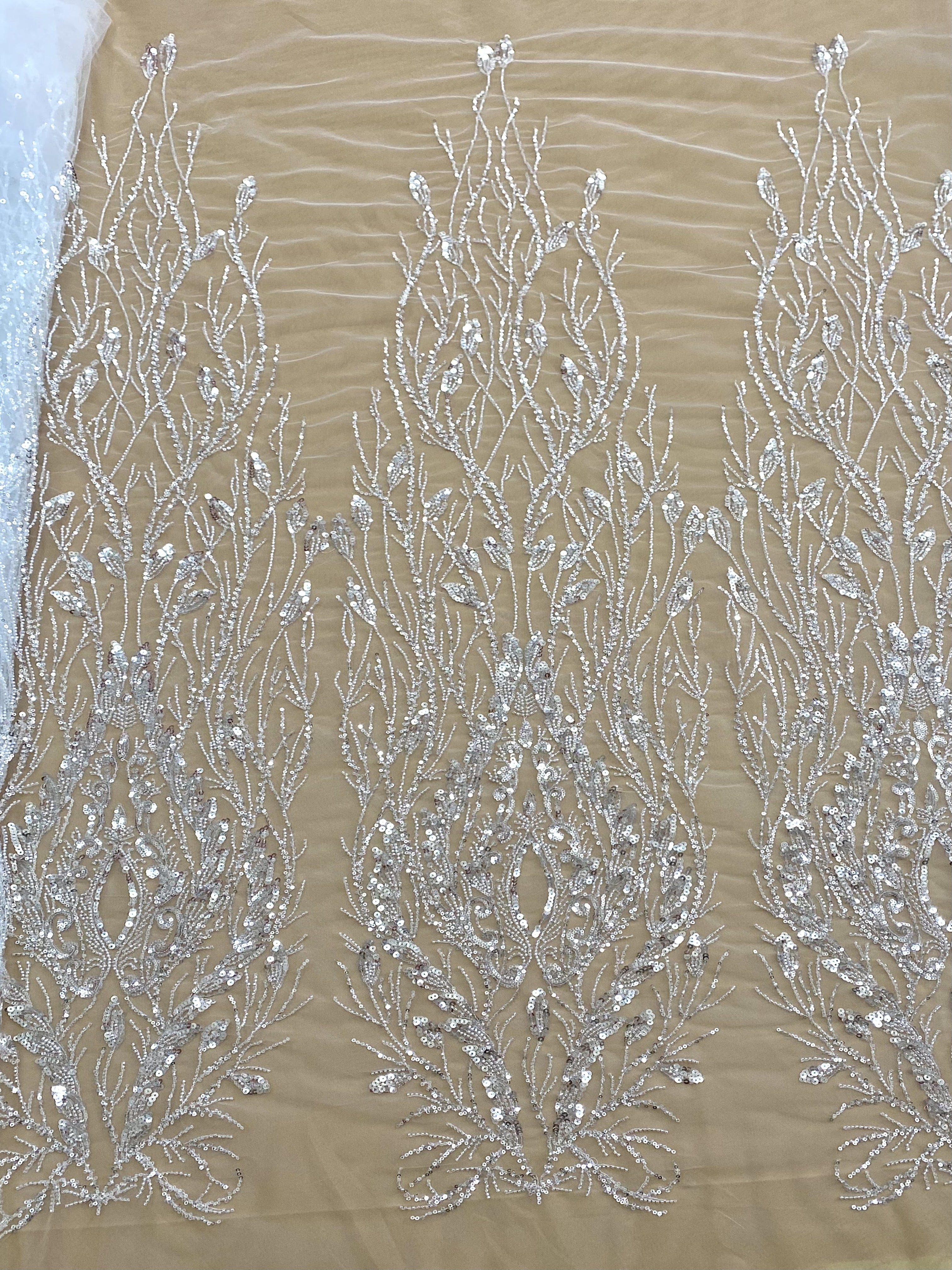 Silver Lace with Linear Pattern, with Pearls and Sequins