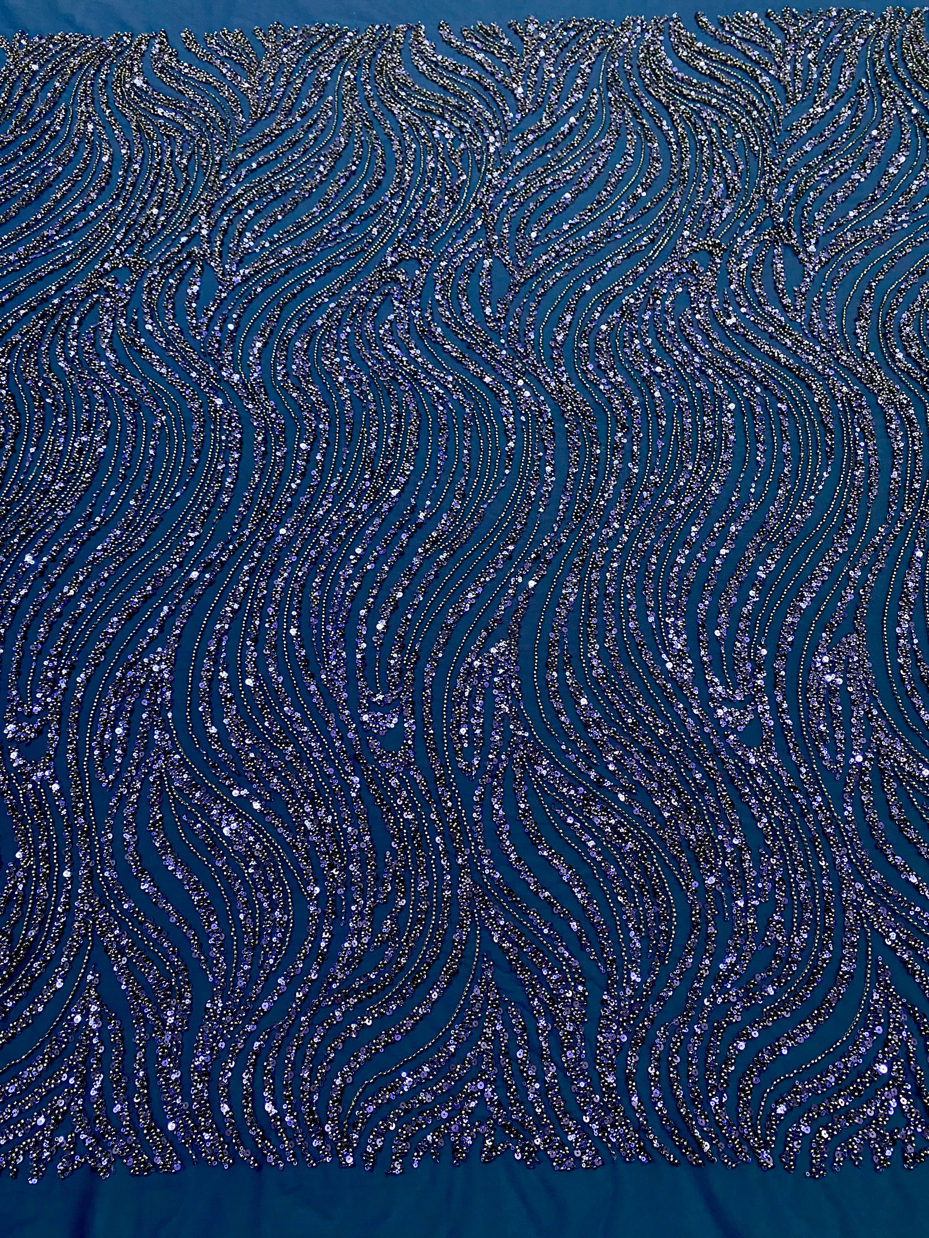 Navy Blue Couture Lace with Linear Pattern, Beads and Sequins