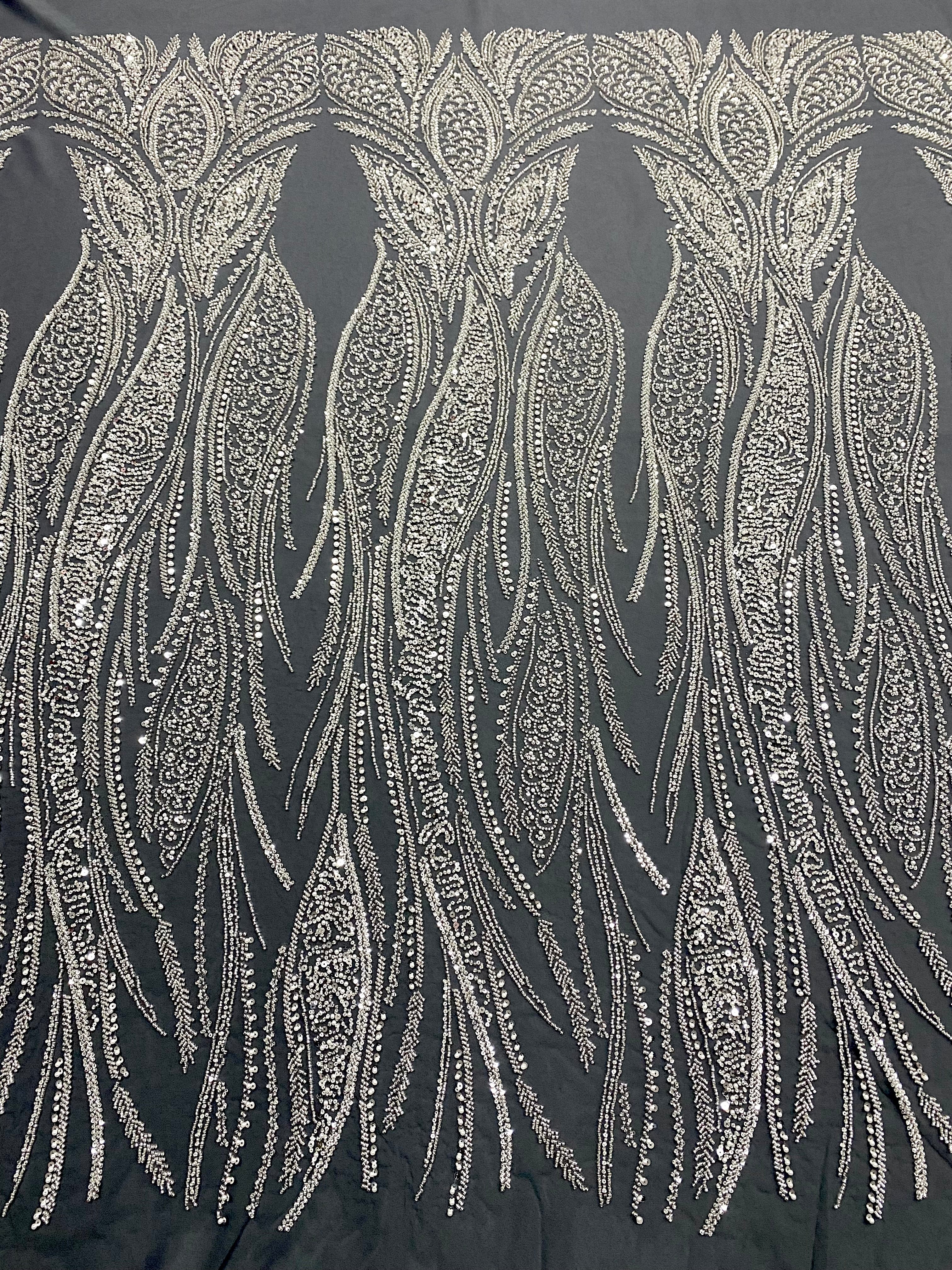 Silver Couture Lace on Anthracite Tulle with Panel, with Pearls, Beads and Sequins