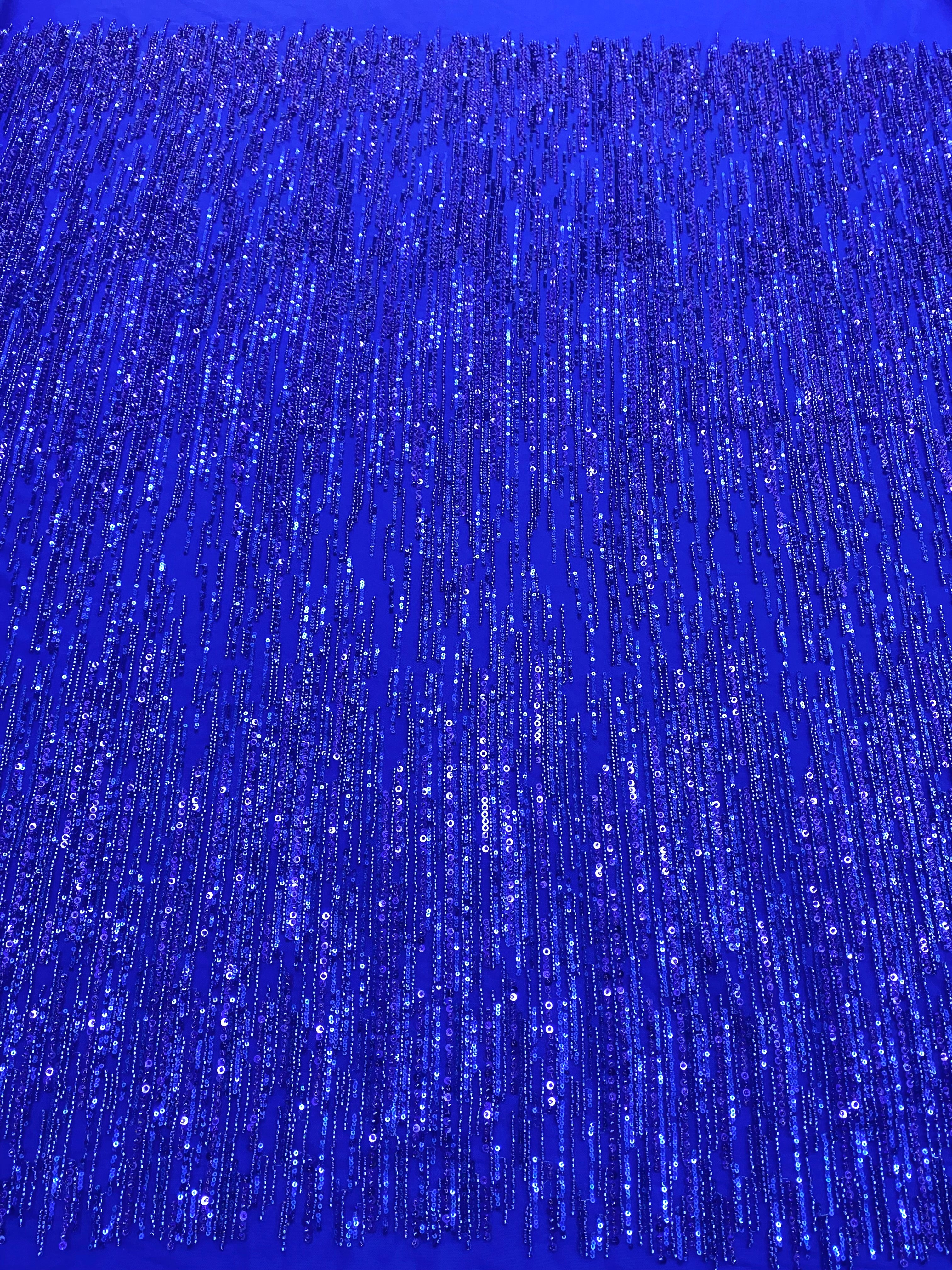 Royal Blue Couture Lace with Linear Pattern, Beads and Sequins